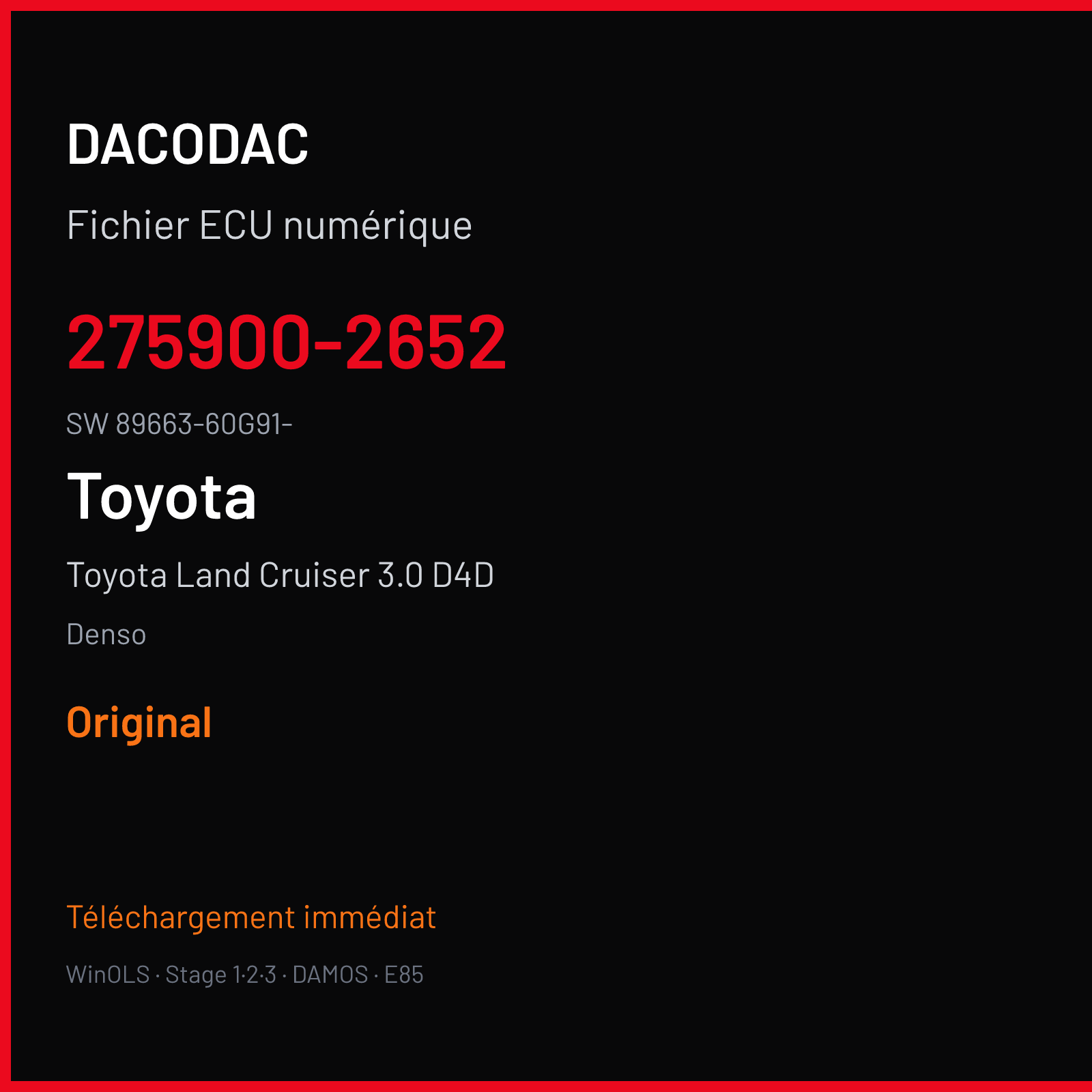 Toyota Land Cruiser 3.0 D4D 190 ch (2012) — Denso — 275900-2652 · 89663-60G91- · SW89663-60G91 — Original