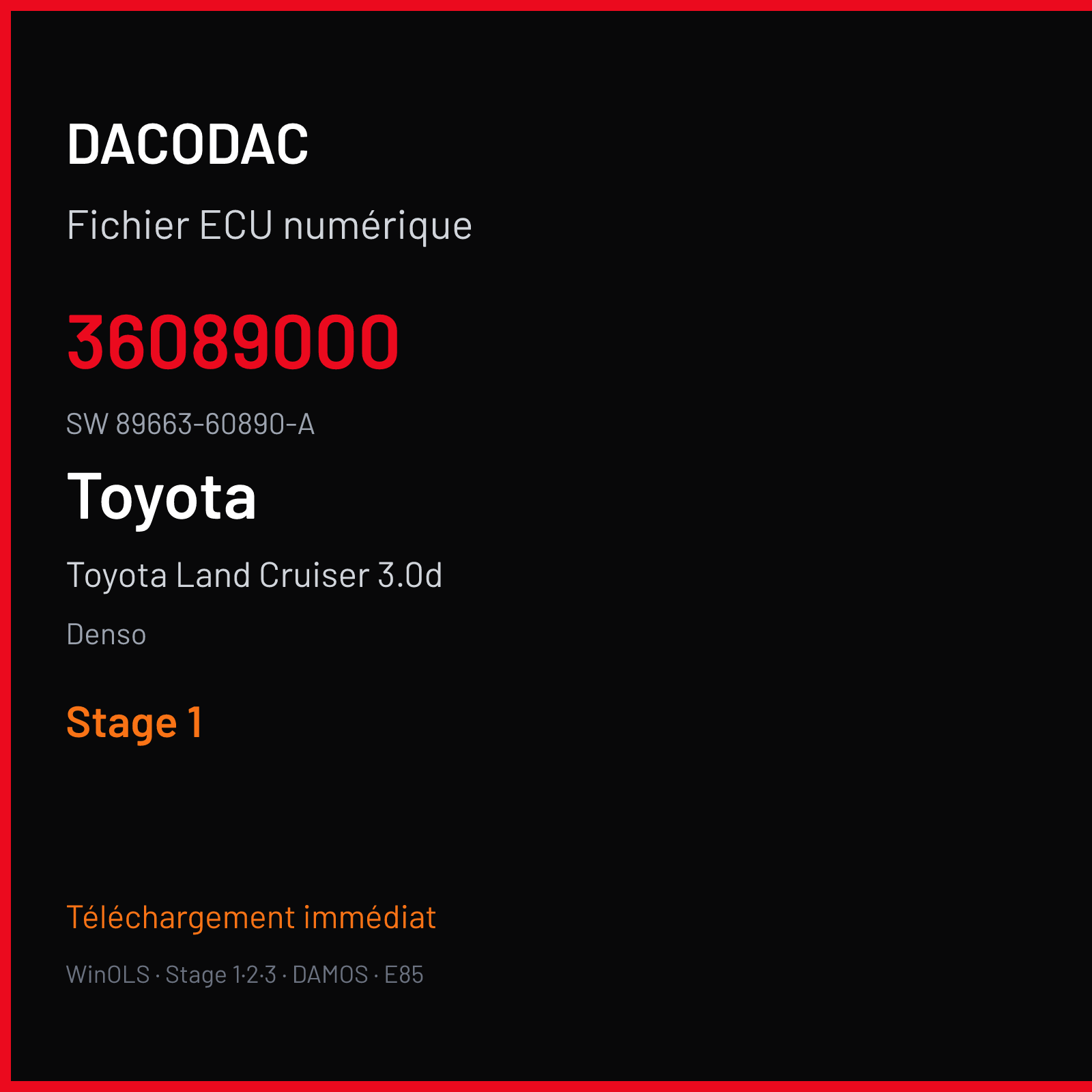 Toyota Land Cruiser 3.0d 173 ch — Denso — 36089000 · 89663-60890-A · 89661-60E90 — Stage 1