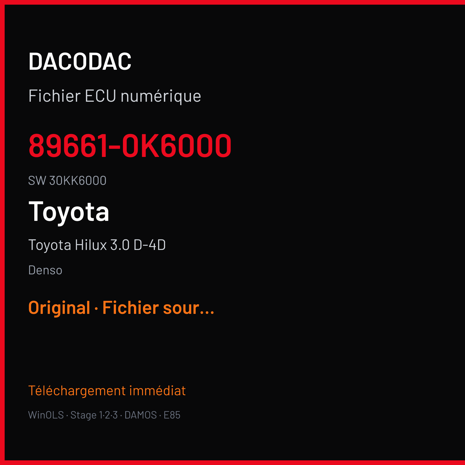 Toyota Hilux 3.0 D-4D 174 ch (2010) — Denso — 89661-0K6000 · 30KK6000 · 89663-0KK60-B — Original