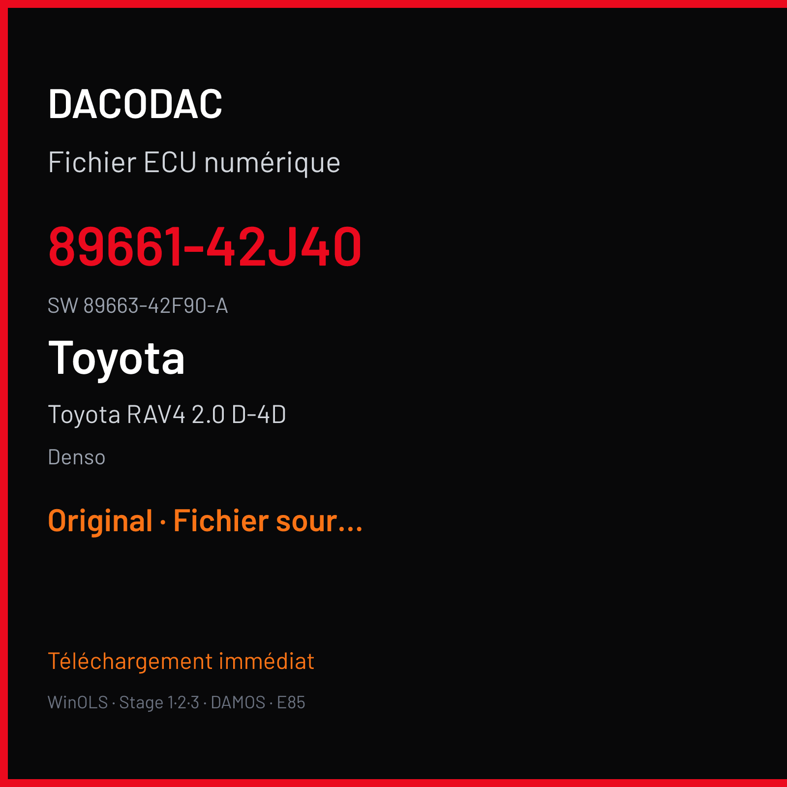 Toyota RAV4 2.0 D-4D 124 ch (2013) — Denso — 89661-42J40 · 89663-42F90-A · 342F9000 275922-022 — Original
