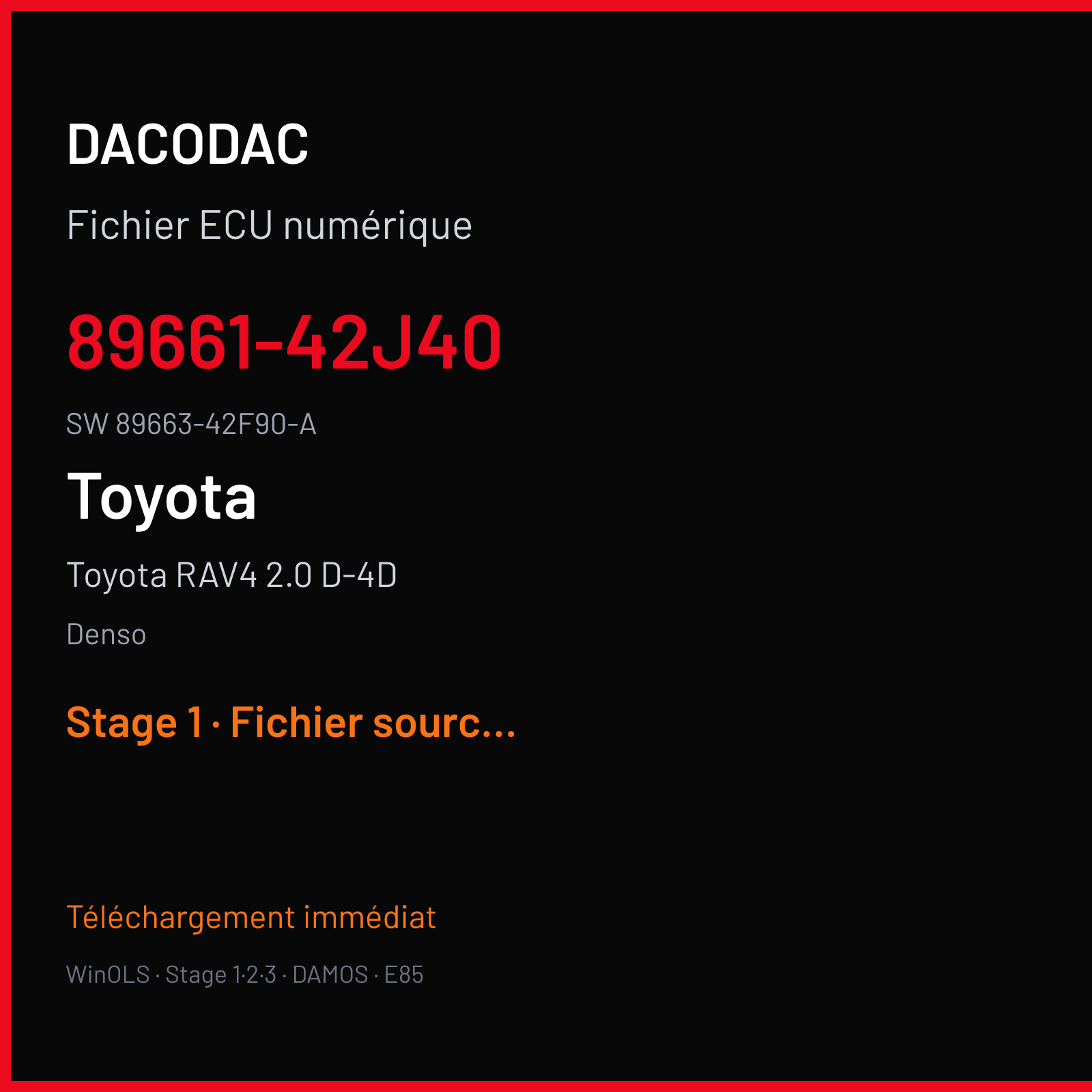 Toyota RAV4 2.0 D-4D 124 ch (2013) — Denso — 89661-42J40 · 89663-42F90-A · 342F9000 275922-022 — Stage 1
