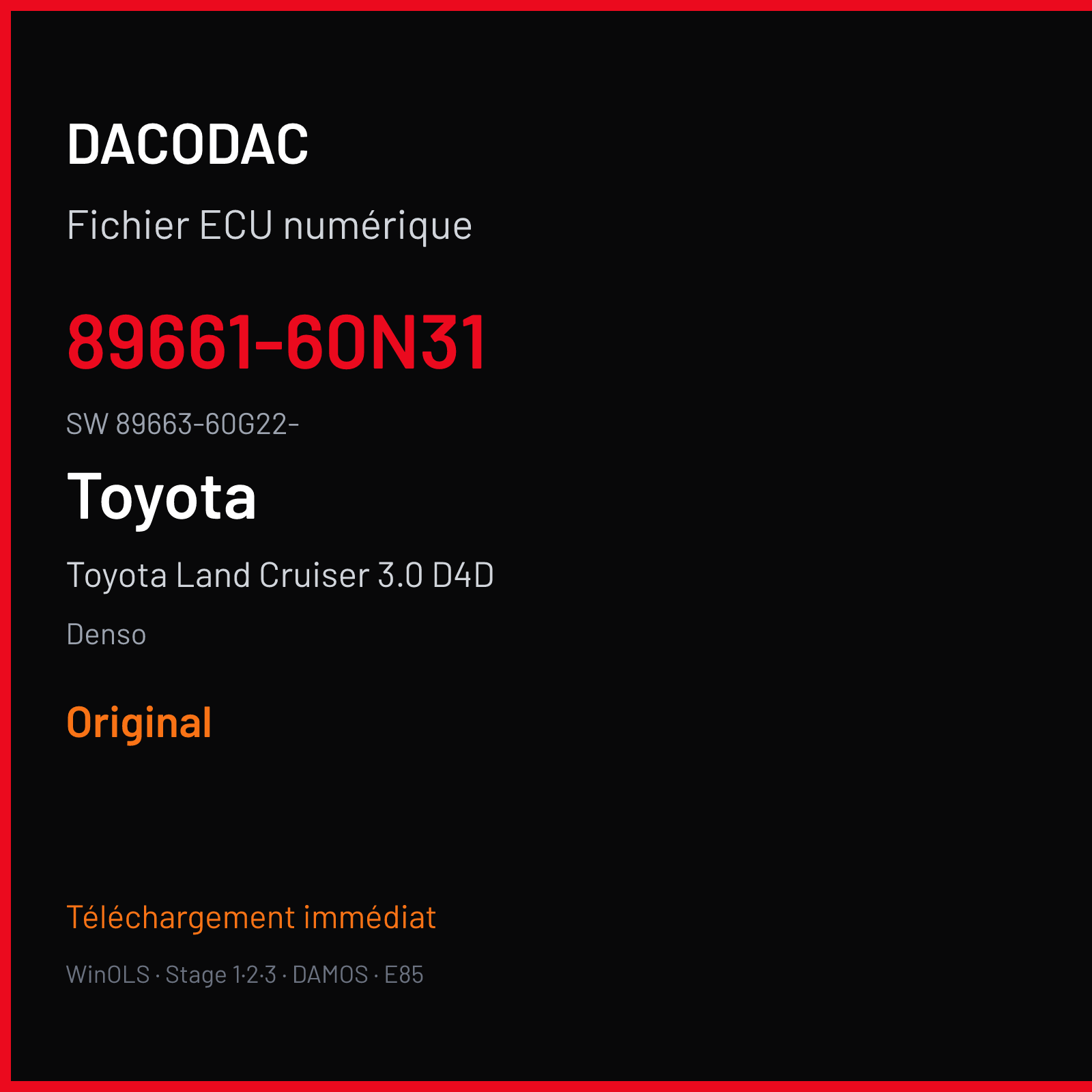 Toyota Land Cruiser 3.0 D4D 190 ch (2013) — Denso — 89661-60N31 · 89663-60G22- · 275900-4851 — Original
