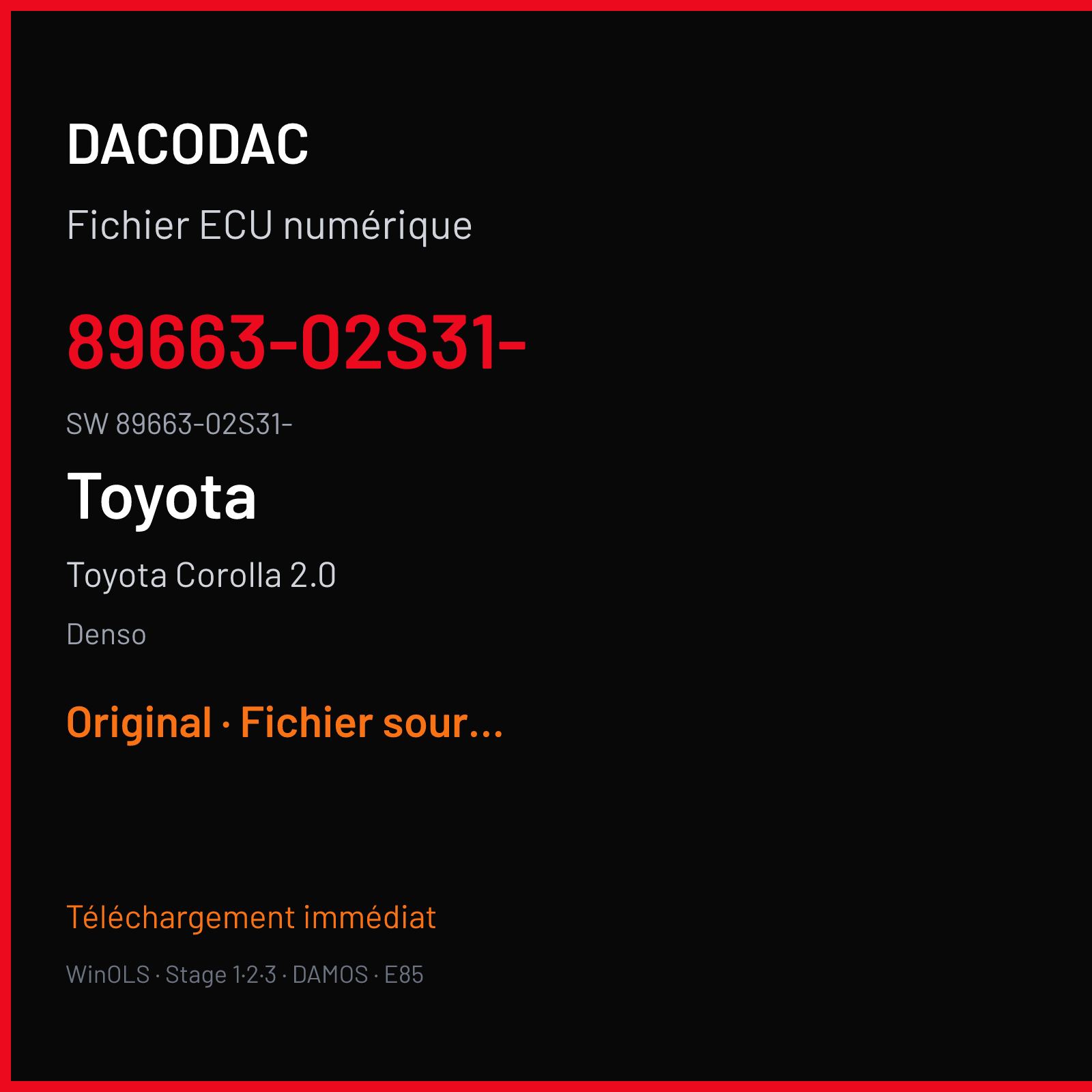 Toyota Corolla 2.0 150 ch (2014) — Denso — 89663-02S31- · 89663-02S31- · 302S3100 NEC — Original