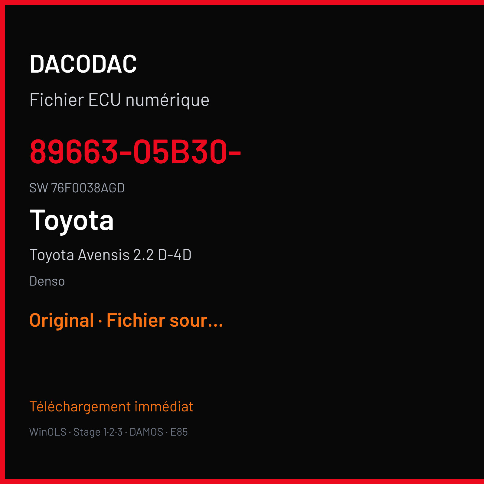 Toyota Avensis 2.2 D-4D (2007) — Denso — 89663-05B30- · 76F0038AGD — Original