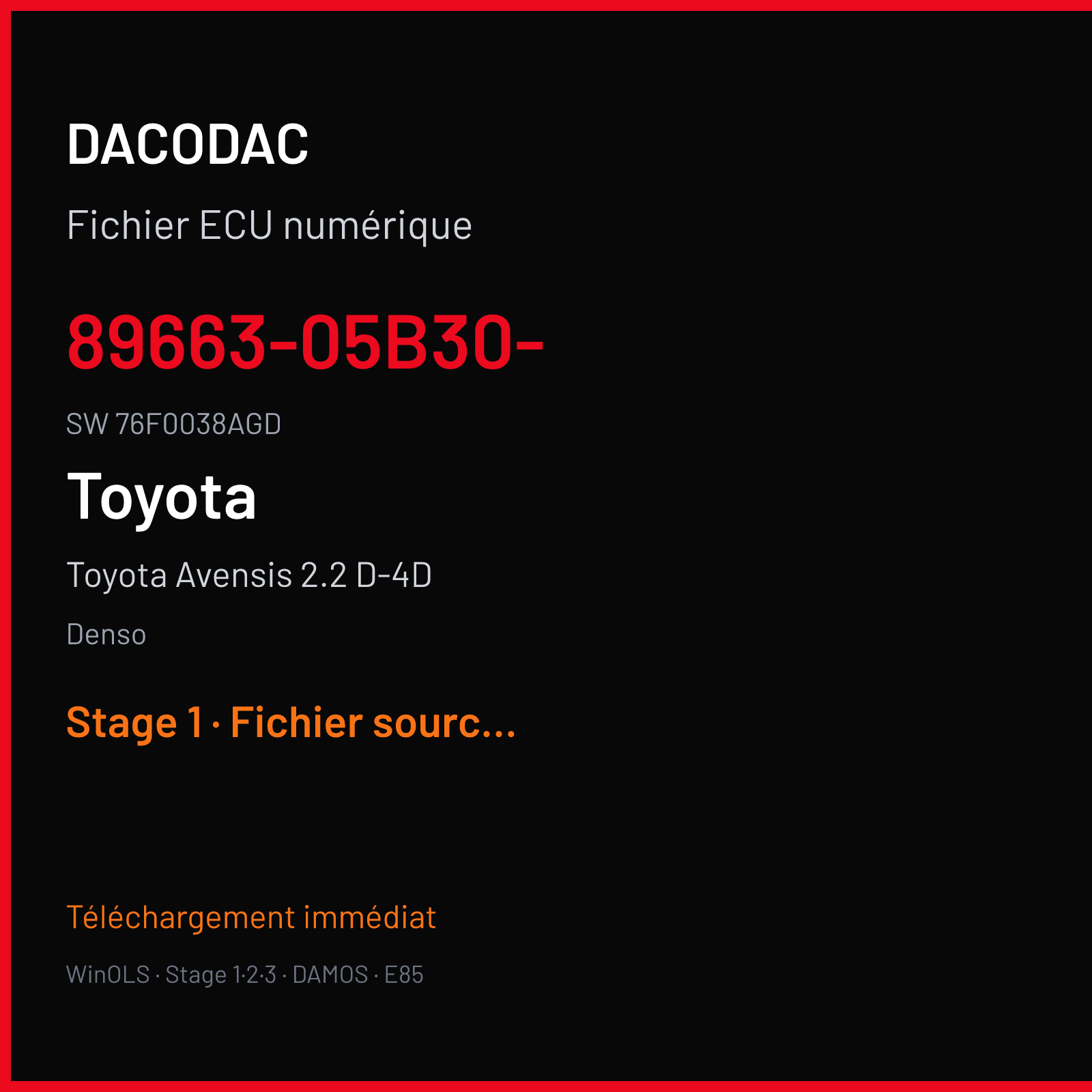 Toyota Avensis 2.2 D-4D (2007) — Denso — 89663-05B30- · 76F0038AGD — Stage 1