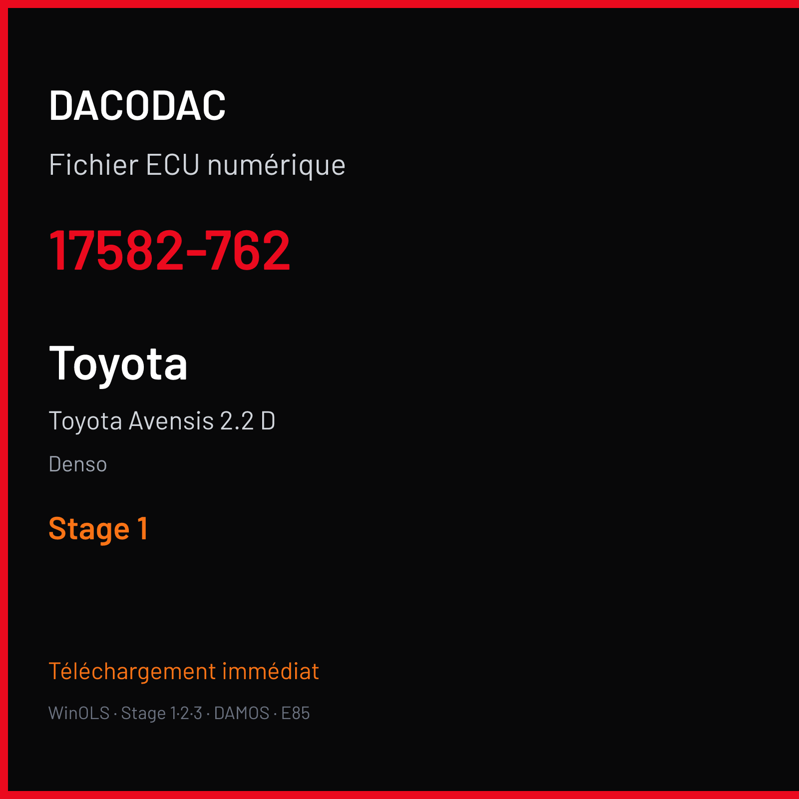Toyota Avensis 2.2 D (2008) — Denso — 17582-762 — Stage 1
