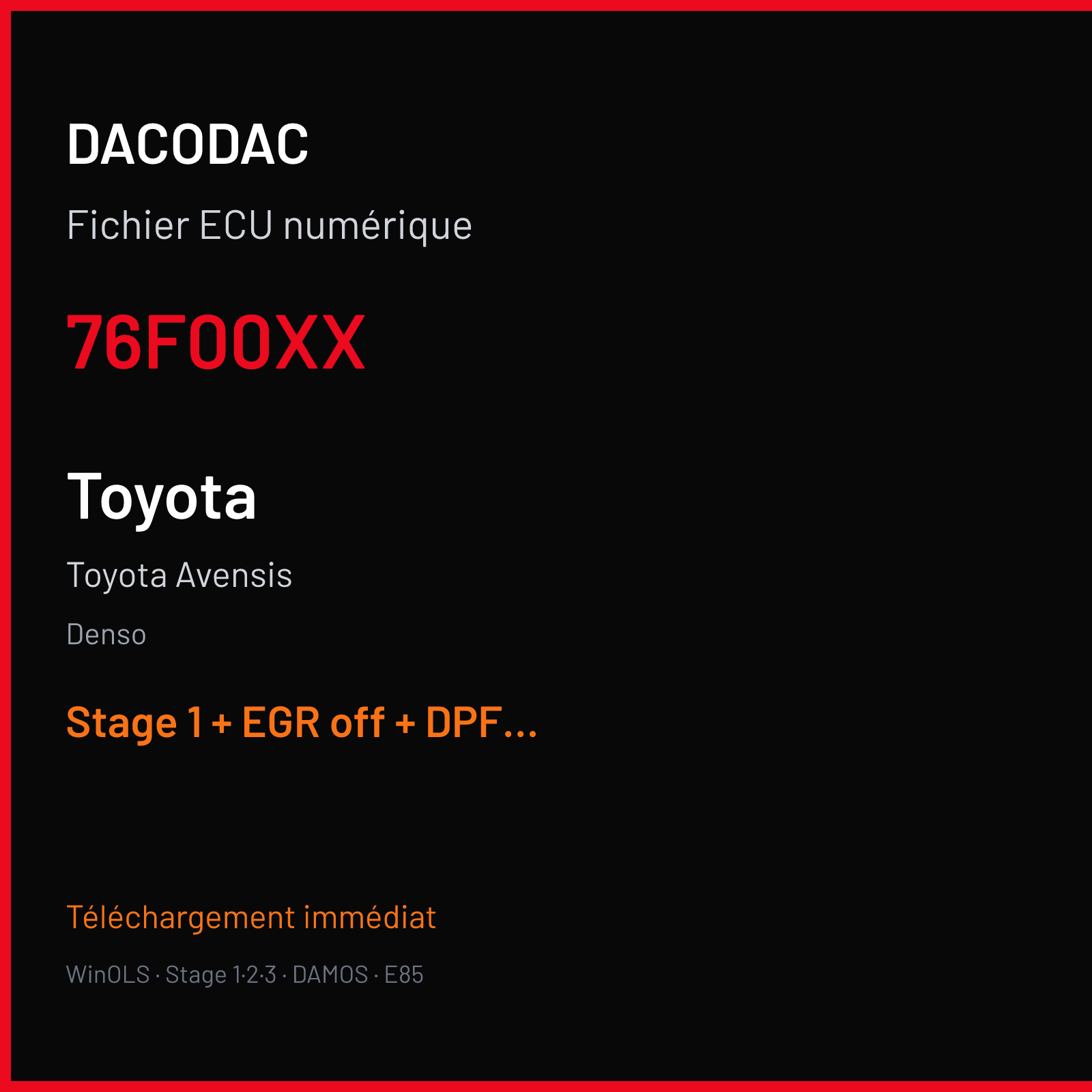 Toyota Avensis 2.2 D (2010) — Denso — 76F00XX — Stage 1 + EGR off + DPF off + VMAX off