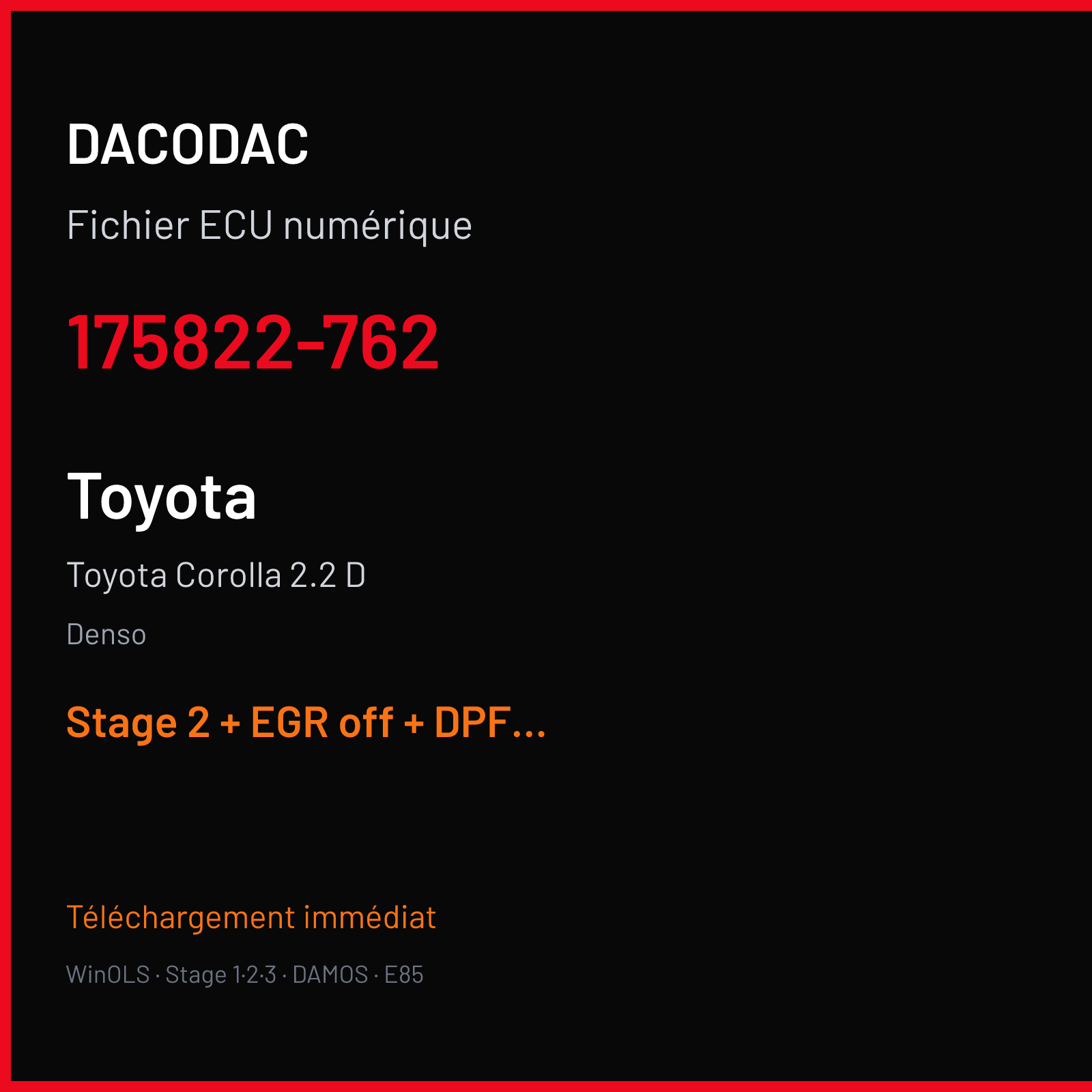 Toyota Corolla 2.2 D (2006) — Denso — 175822-762 — Stage 2 + EGR off + DPF off + VMAX off