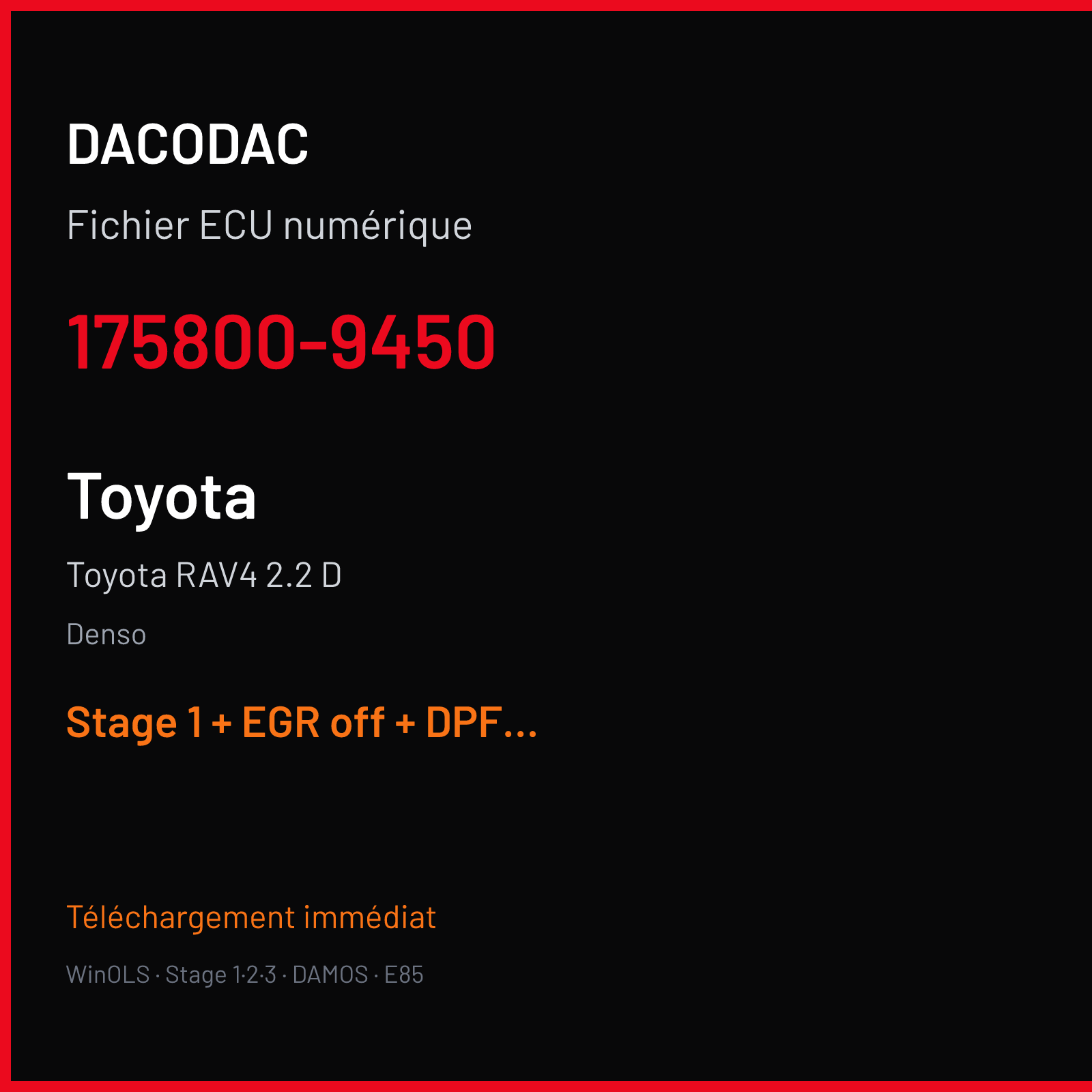 Toyota RAV4 2.2 D (2007) — Denso — 175800-9450 — Stage 1 + EGR off + DPF off