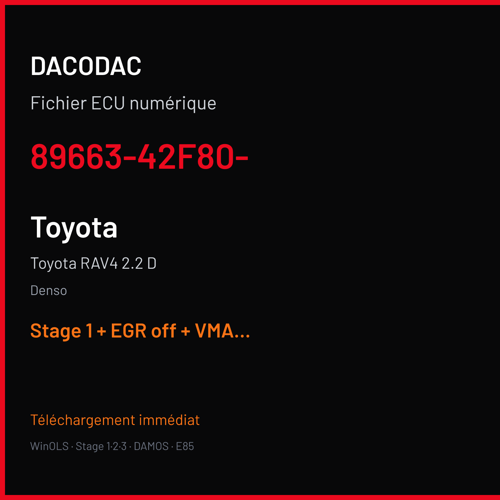 Toyota RAV4 2.2 D — Denso — 89663-42F80- — Stage 1 + EGR off + VMAX off