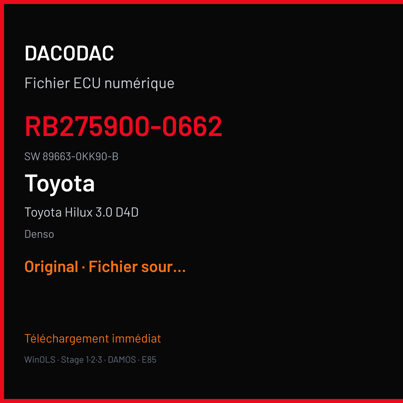 Toyota Hilux 3.0 D4D 171 ch (2011) — Denso — RB275900-0662 · 89663-0KK90-B — Original