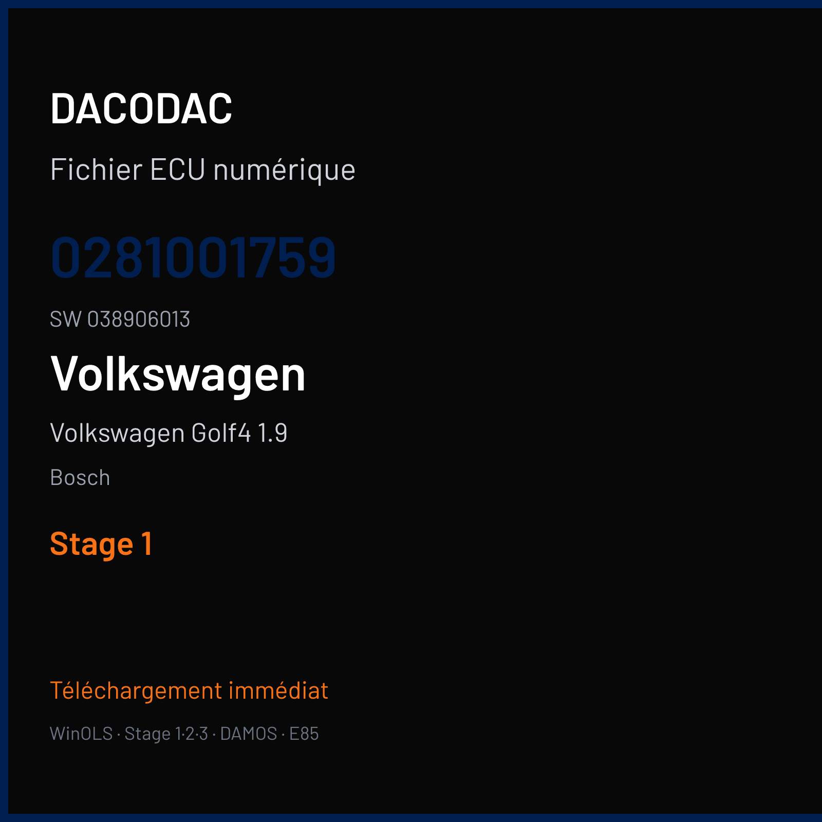 Volkswagen Golf4 1.9 68 ch (1999) — Bosch — 0281001759 · 038906013 — Stage 1