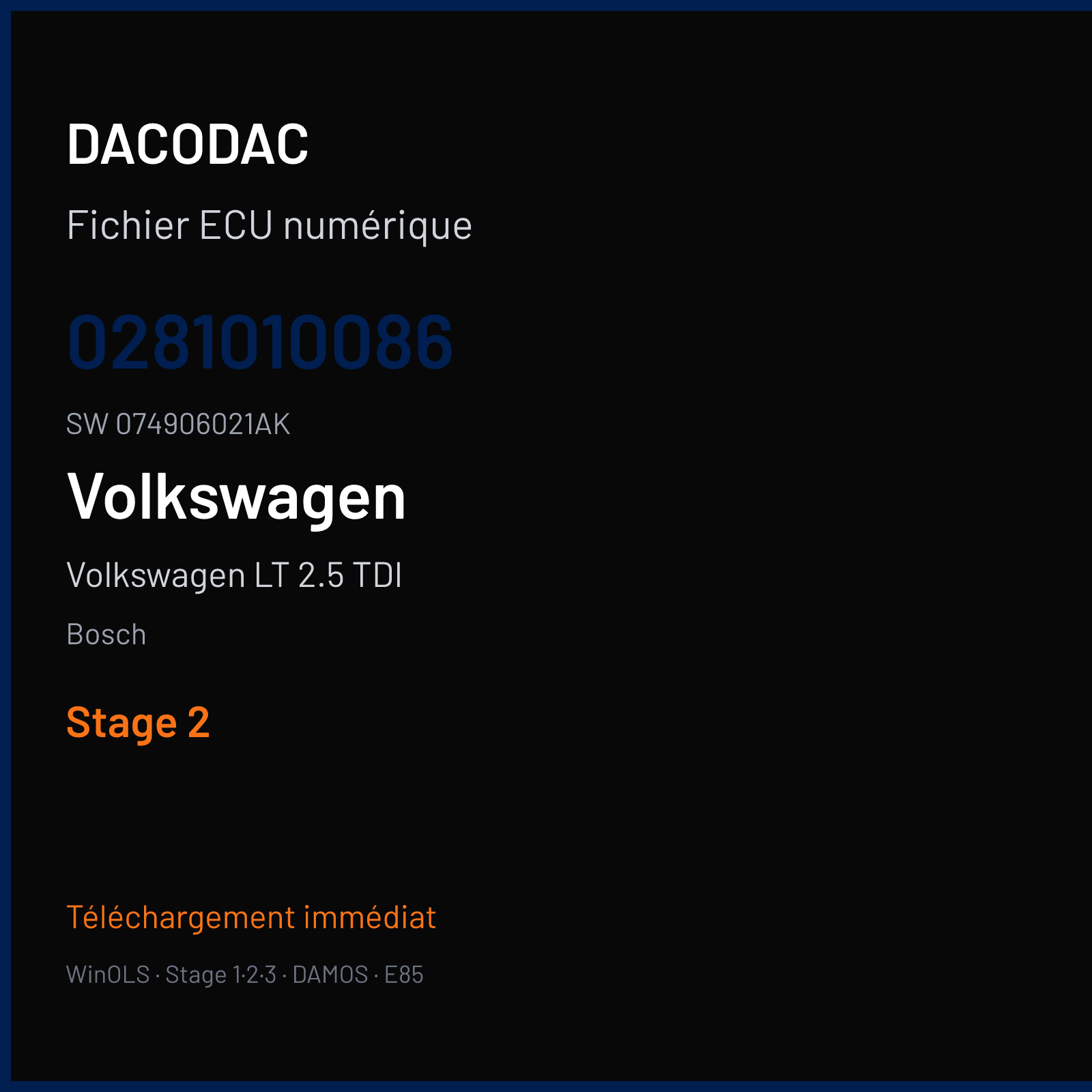 Volkswagen LT 2.5 TDI 102 ch (2001) — Bosch — 0281010086 · 074906021AK · 350896-97 Undefined — Stage 2