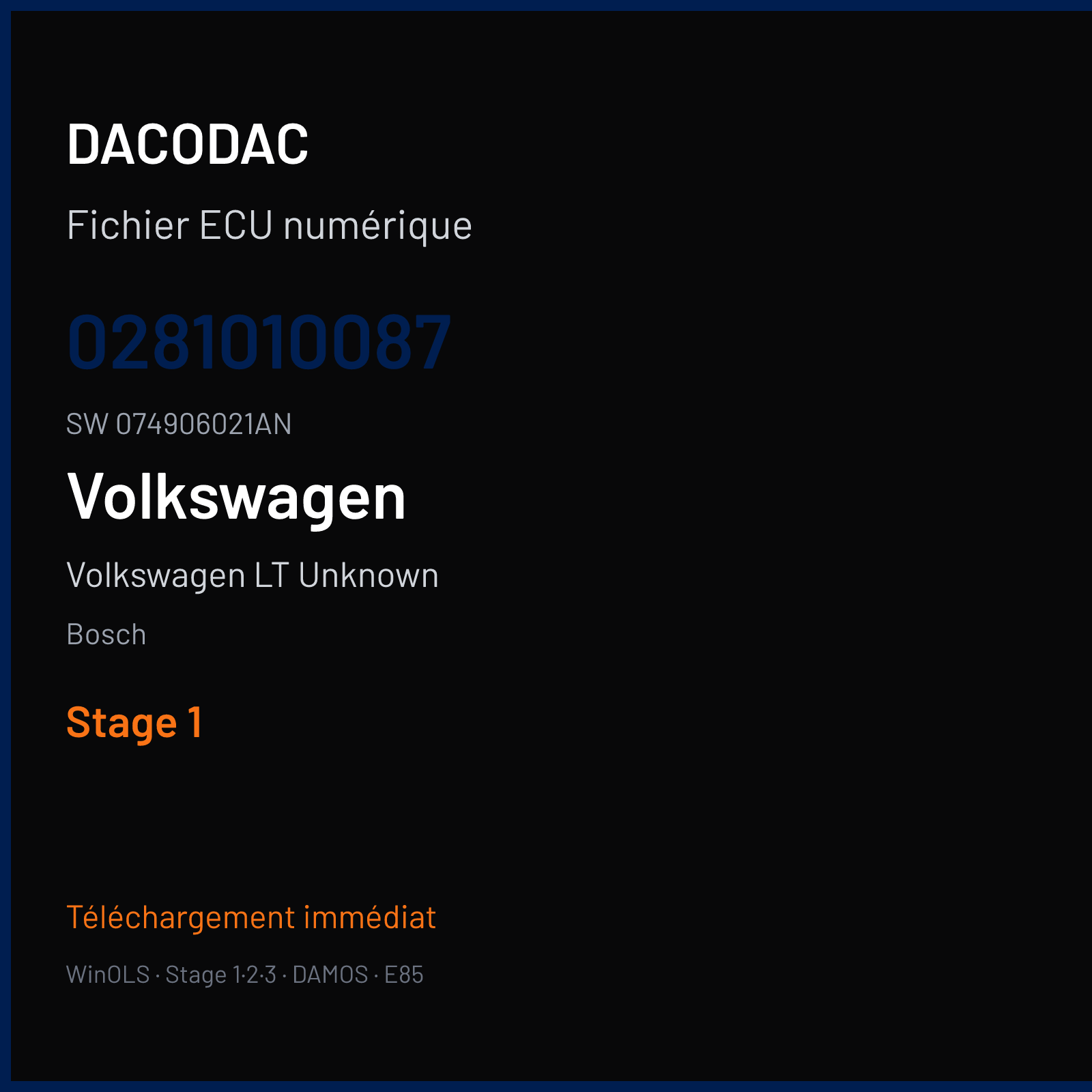 Volkswagen LT Unknown 90 ch — Bosch — 0281010087 · 074906021AN · MSA-low-hi — Stage 1
