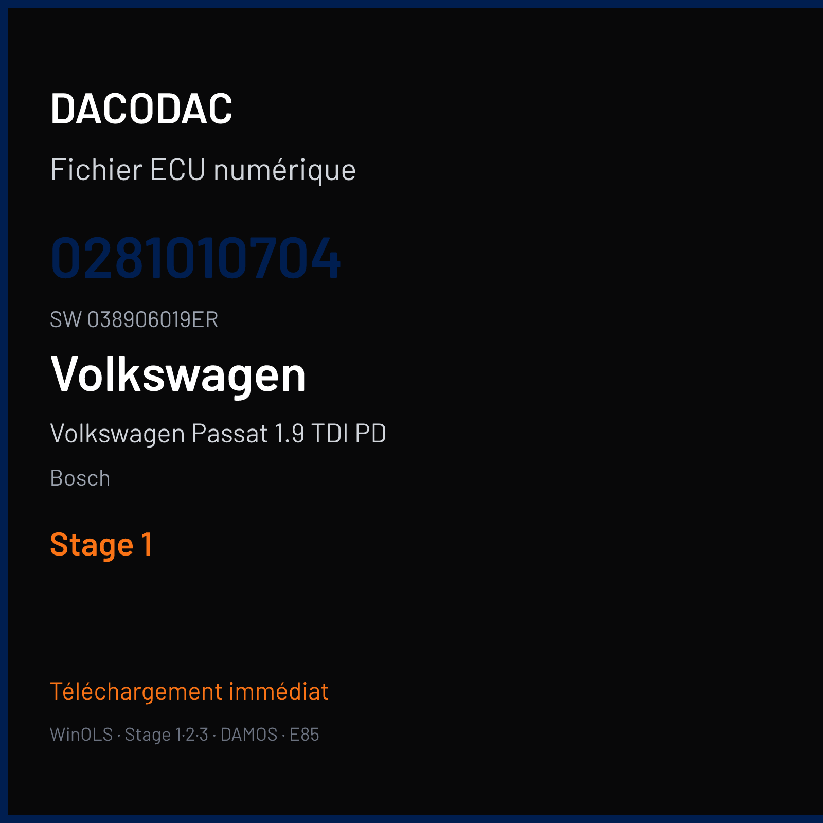 Volkswagen Passat 1.9 TDI PD 130 ch — Bosch — 0281010704 · 038906019ER · 362173 — Stage 1