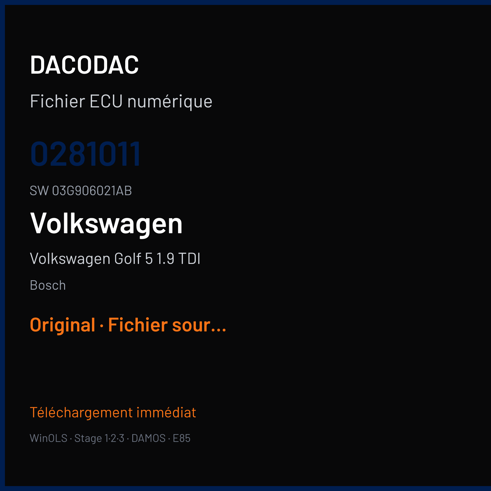 Volkswagen Golf 5 1.9 TDI 105 ch (2005) — Bosch — 0281011 · 03G906021AB · 393568 — Original