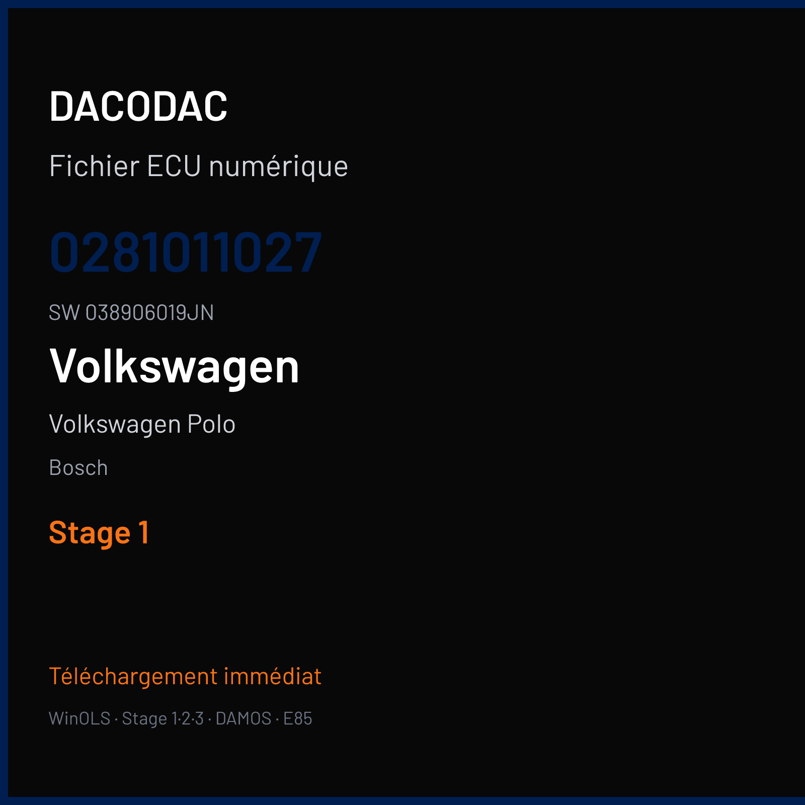 Volkswagen Polo 101 ch — Bosch — 0281011027 · 038906019JN · 363227 — Stage 1