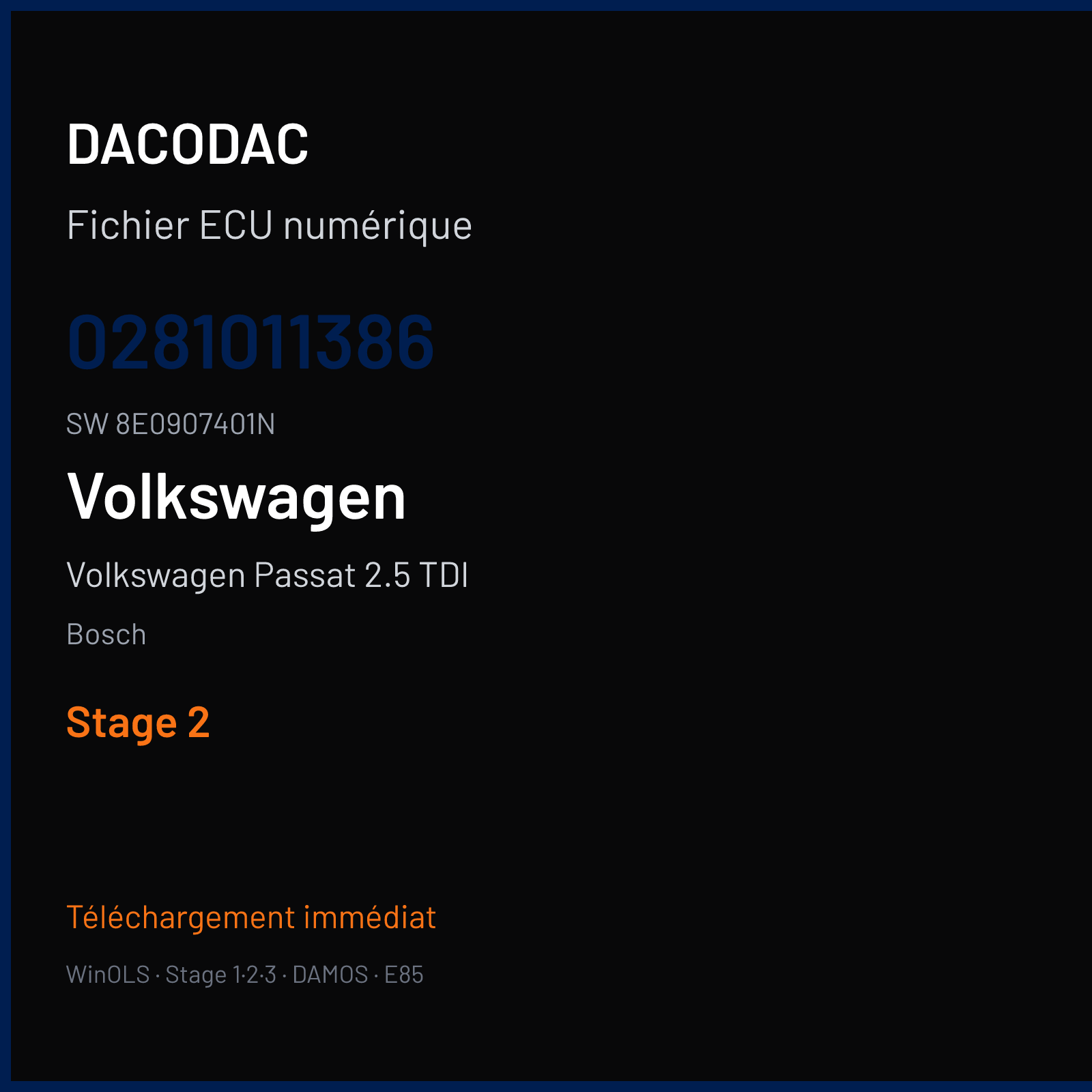 Volkswagen Passat 2.5 TDI 180 ch (2004) — Bosch — 0281011386 · 8E0907401N · 367176 — Stage 2