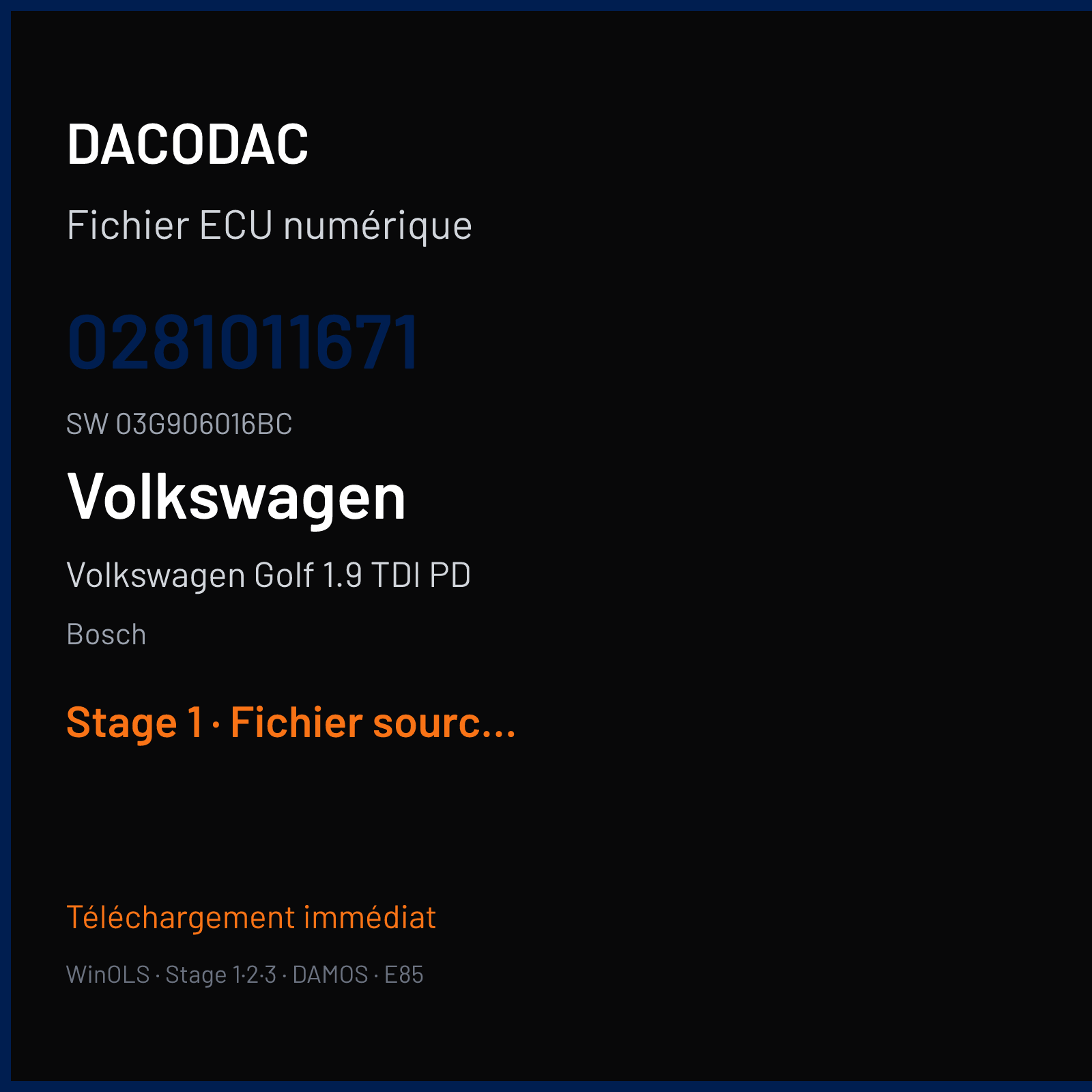 Volkswagen Golf 1.9 TDI PD 105 ch — Bosch — 0281011671 · 03G906016BC · 369166 — Stage 1
