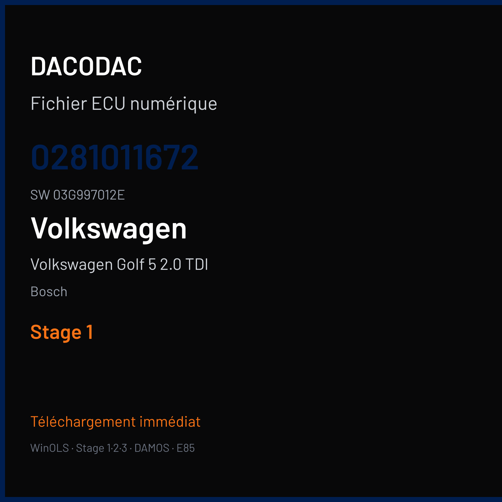 Volkswagen Golf 5 2.0 TDI 140 ch — Bosch — 0281011672 · 03G997012E · 390119 — Stage 1
