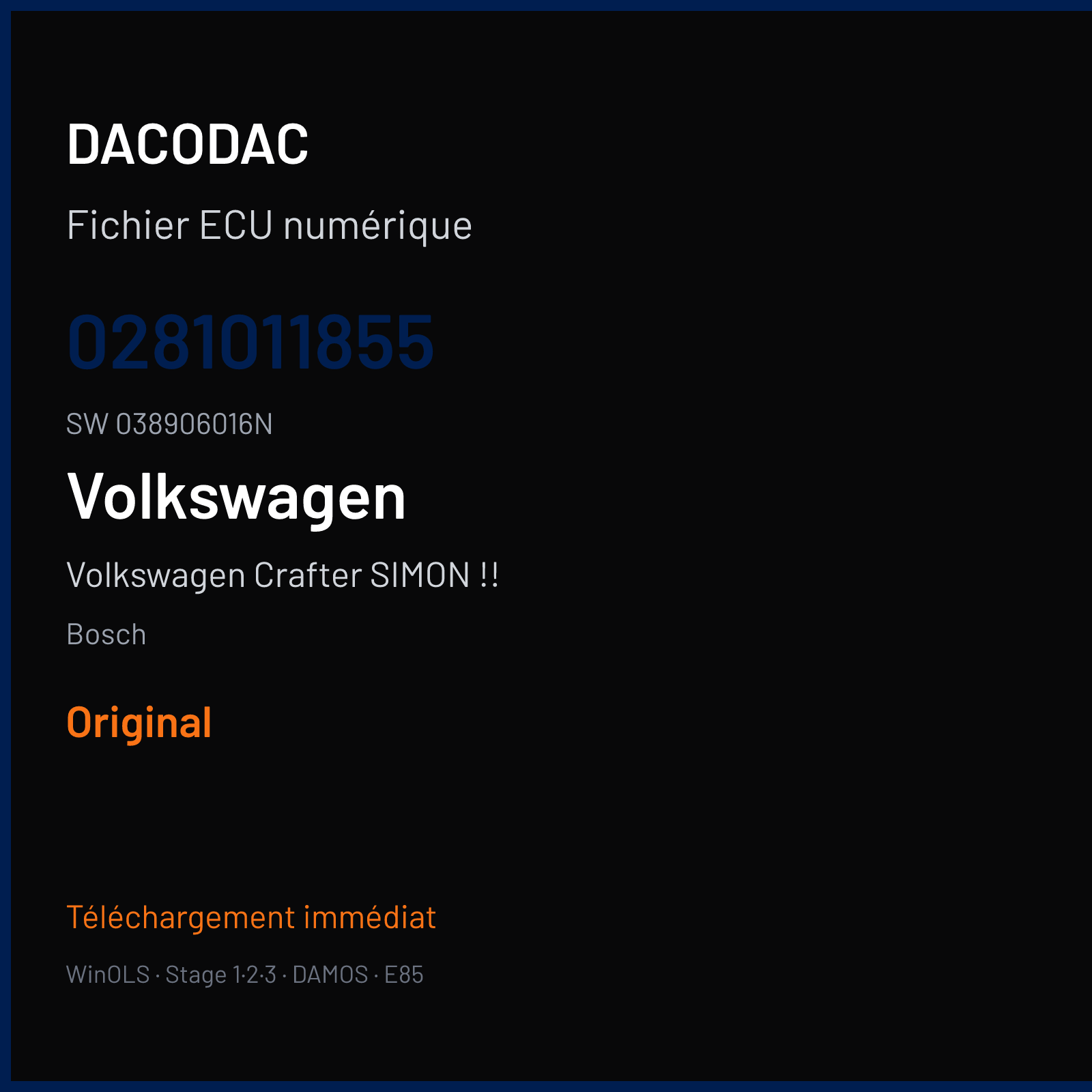 Volkswagen Crafter SIMON !! 105 ch — Bosch — 0281011855 · 038906016N · 370254 — Original
