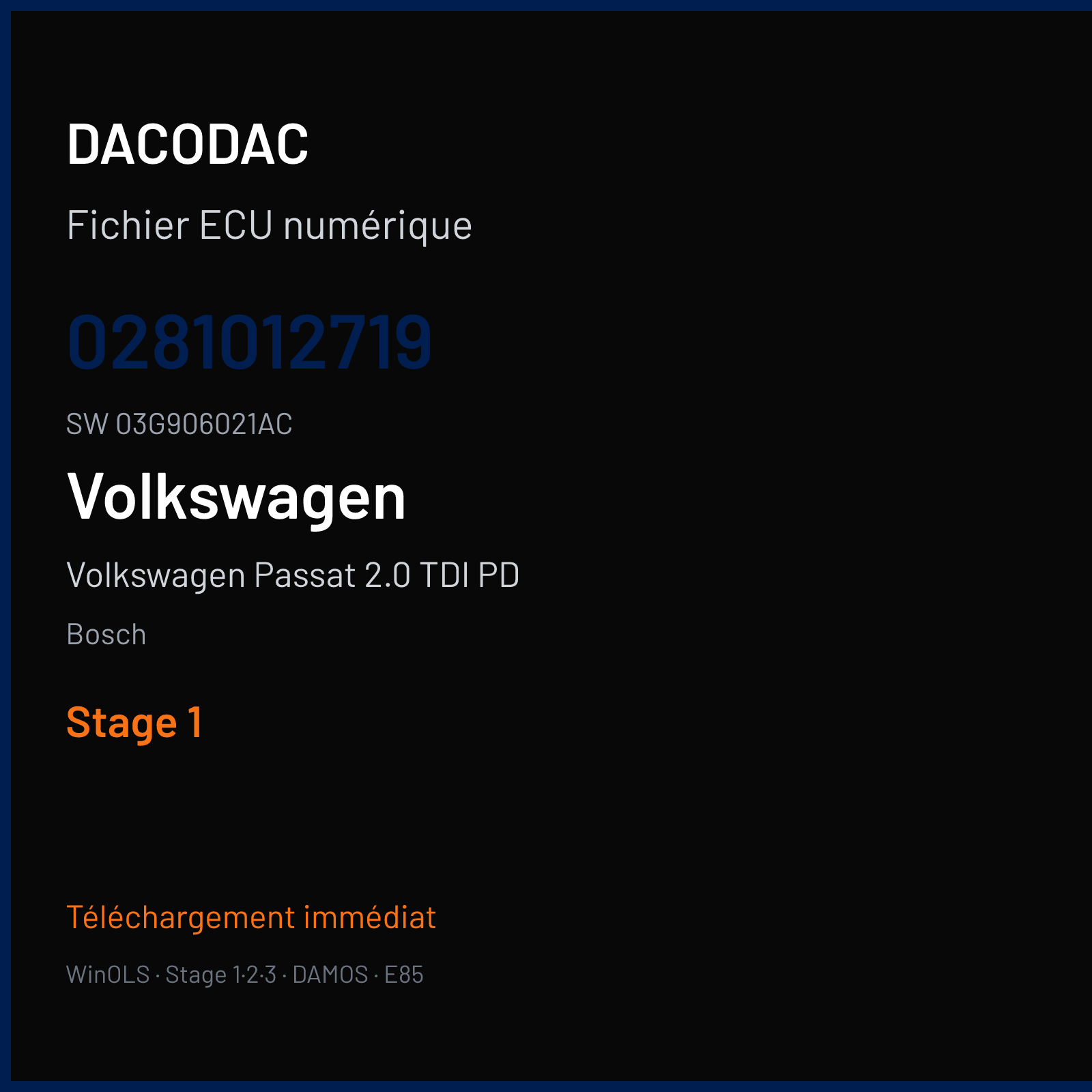 Volkswagen Passat 2.0 TDI PD 140 ch (2005) — Bosch — 0281012719 · 03G906021AC · 377579 — Stage 1