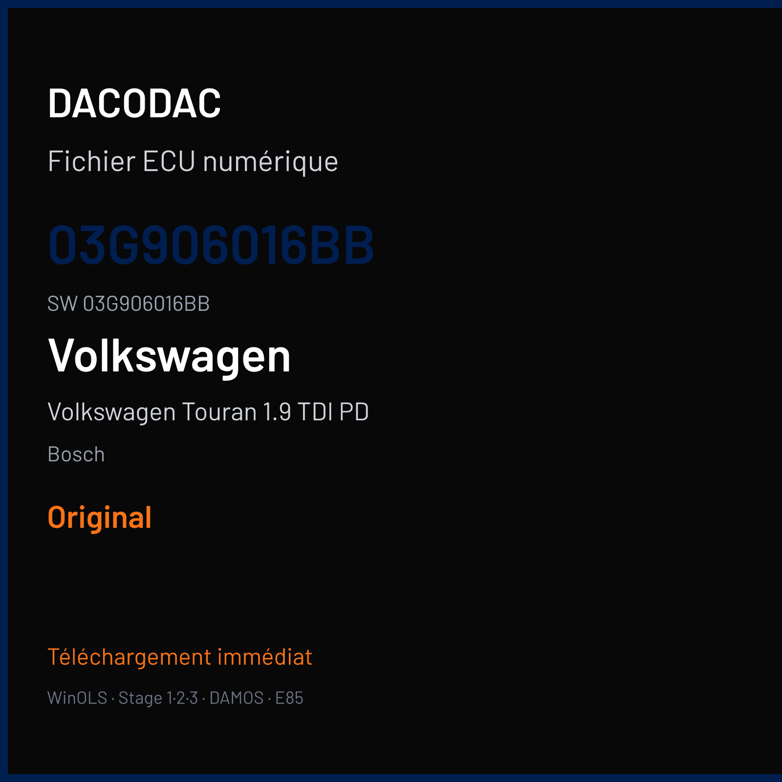 Volkswagen Touran 1.9 TDI PD 105 ch (2003) — Bosch — 03G906016BB · 03G906016BB · 369174 — Original