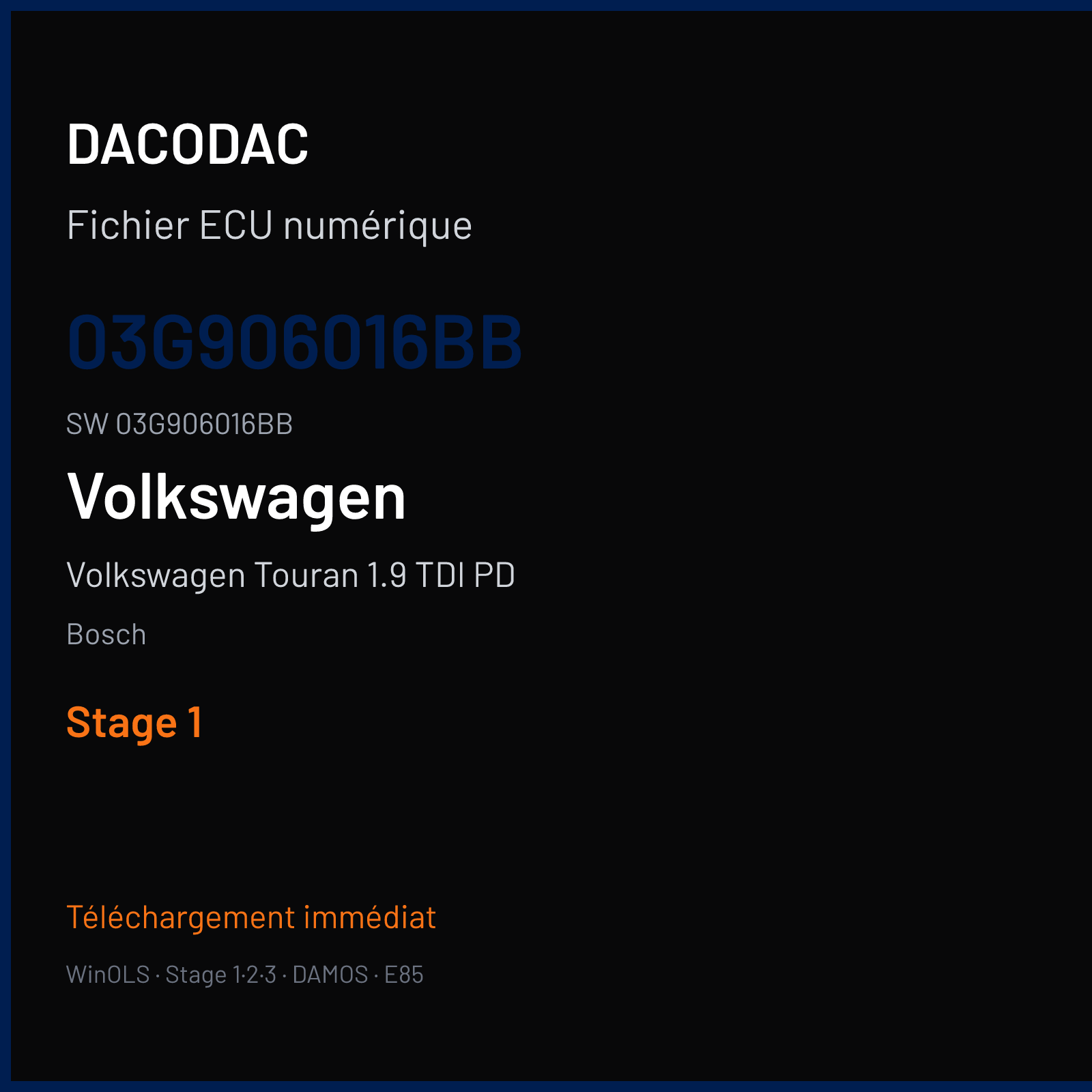 Volkswagen Touran 1.9 TDI PD 105 ch (2003) — Bosch — 03G906016BB · 03G906016BB · 369174 — Stage 1