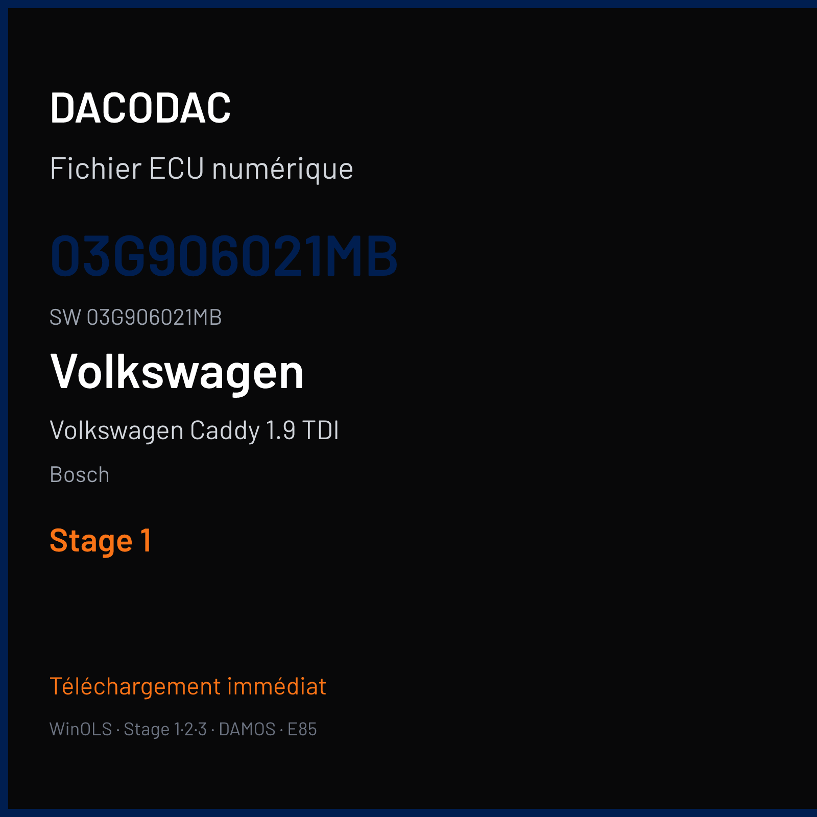 Volkswagen Caddy 1.9 TDI 105 ch (2007) — Bosch — 03G906021MB · 03G906021MB · 380418 — Stage 1