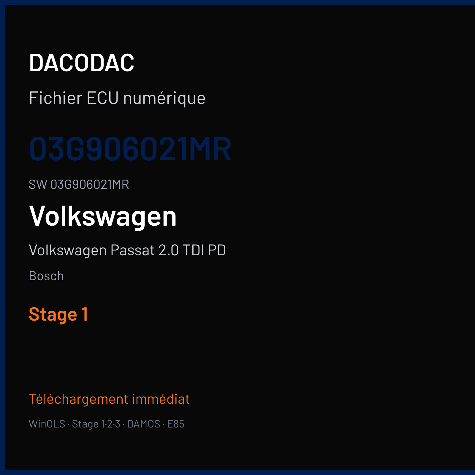 Volkswagen Passat 2.0 TDI PD 140 ch (2007) — Bosch — 03G906021MR · 03G906021MR · 382425 — Stage 1