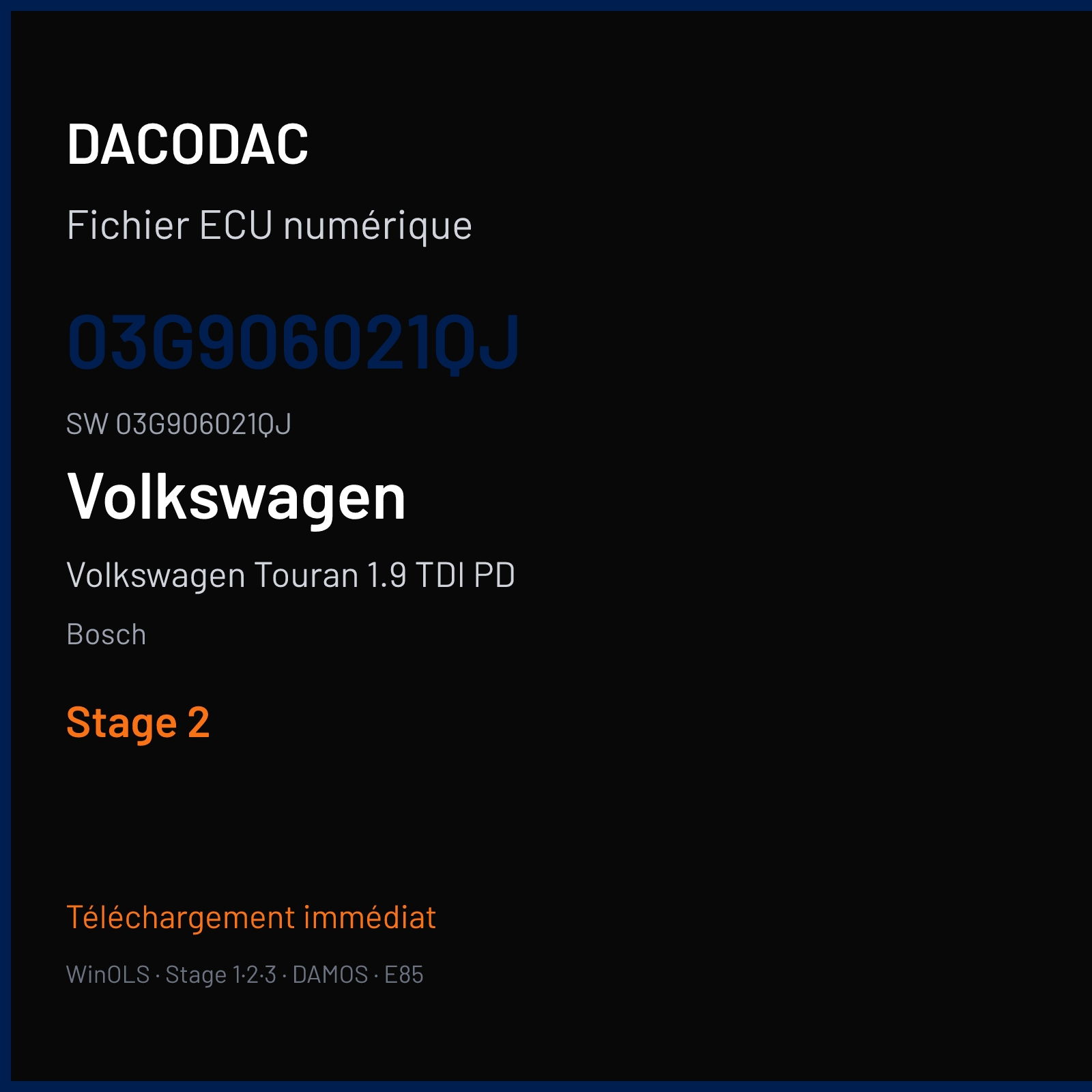 Volkswagen Touran 1.9 TDI PD 105 ch (2007) — Bosch — 03G906021QJ · 03G906021QJ · 389289 — Stage 2
