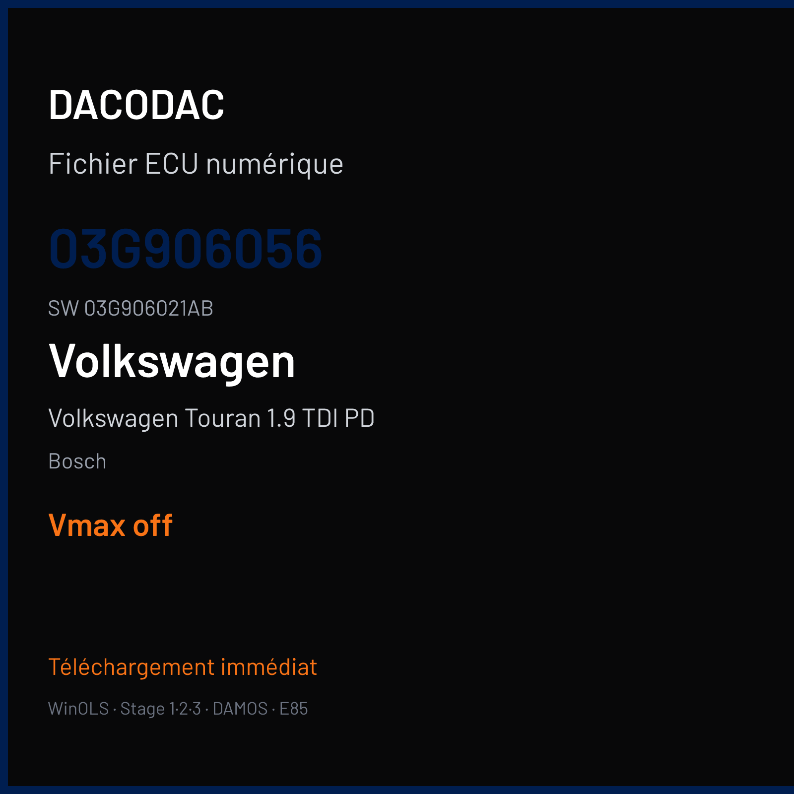 Volkswagen Touran 1.9 TDI PD 105 ch — Bosch — 03G906056 · 03G906021AB · 395446 — VMAX off