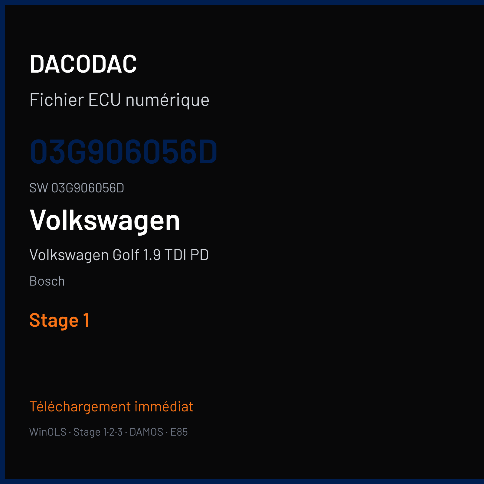 Volkswagen Golf 1.9 TDI PD 105 ch (2007) — Bosch — 03G906056D · 03G906056D · 393516 — Stage 1