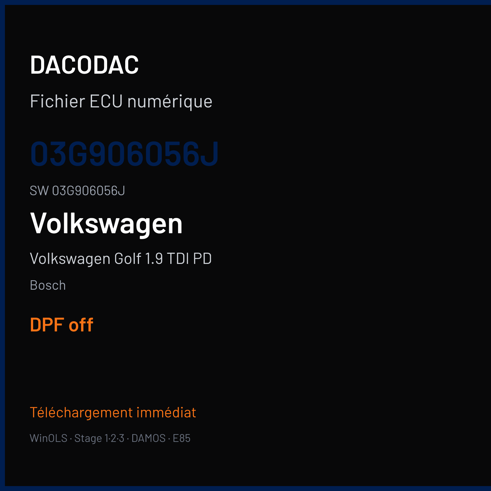Volkswagen Golf 1.9 TDI PD 105 ch (2006) — Bosch — 03G906056J · 03G906056J · 394921 — DPF off