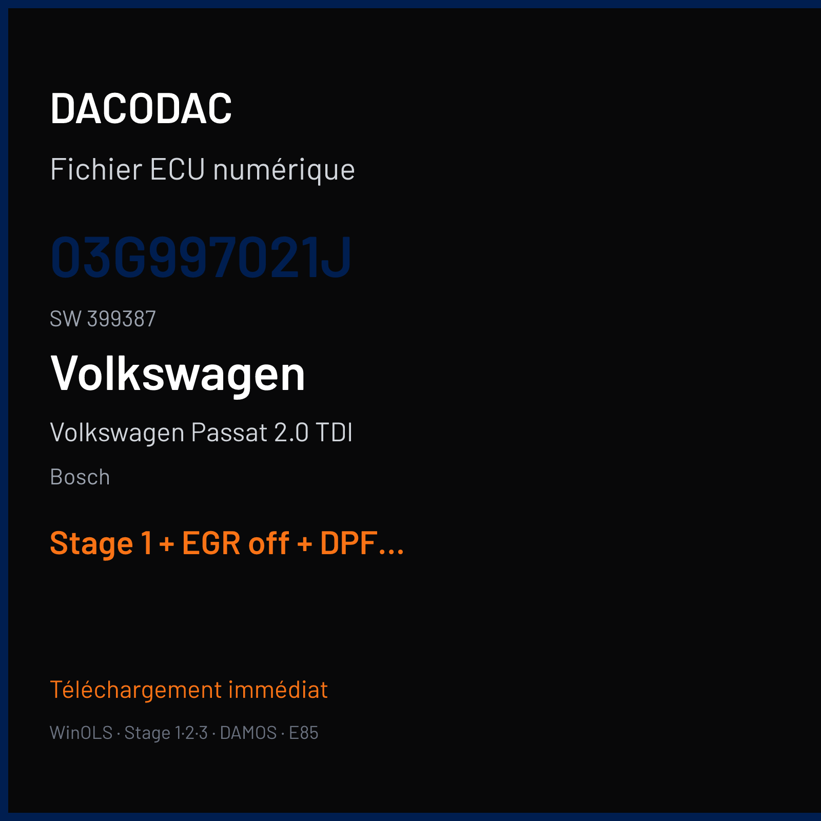 Volkswagen Passat 2.0 TDI — Bosch — 03G997021J · 399387 — Stage 1 + EGR off + DPF off