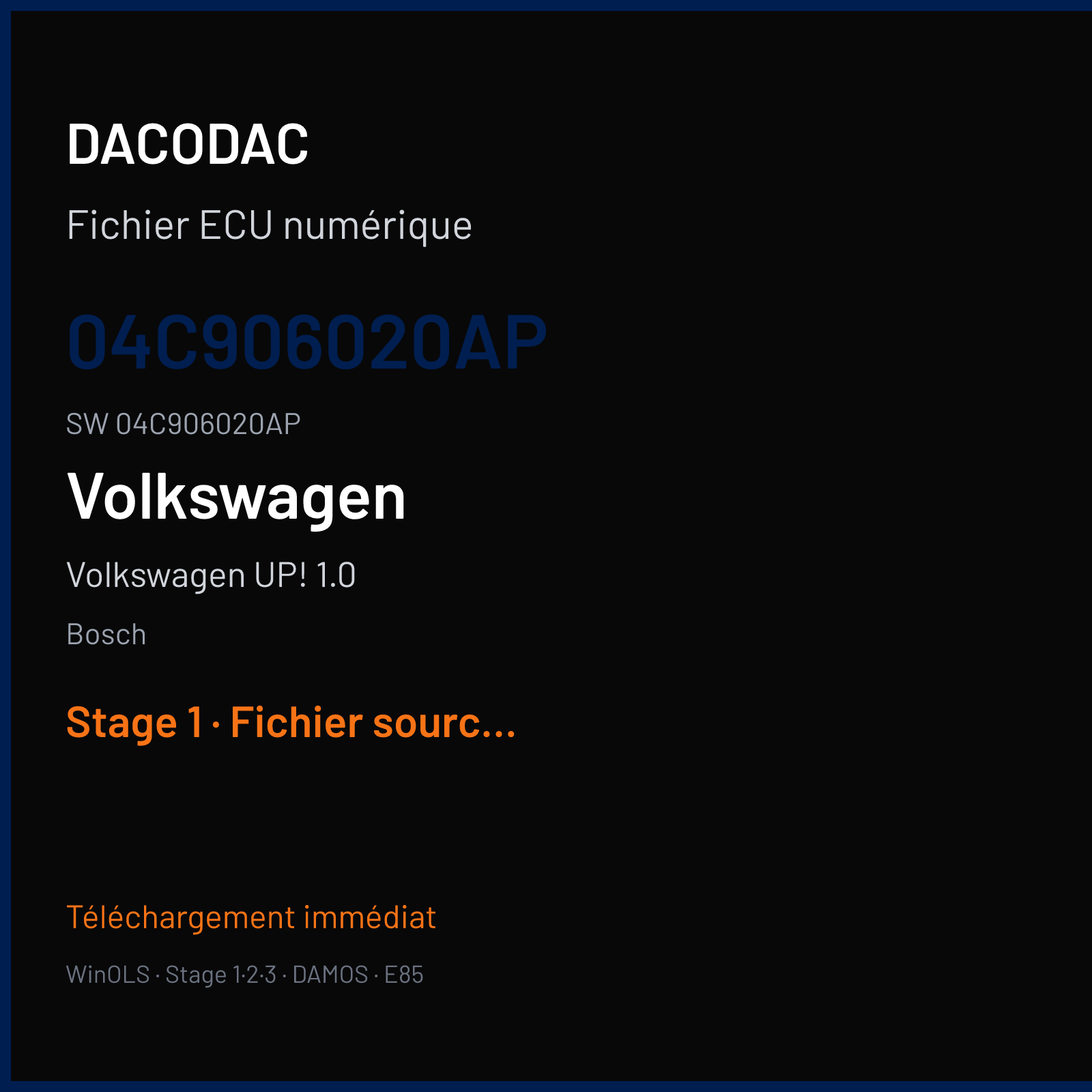 Volkswagen UP! 1.0 60 ch — Bosch — 04C906020AP · 04C906020AP · 539370 — Stage 1