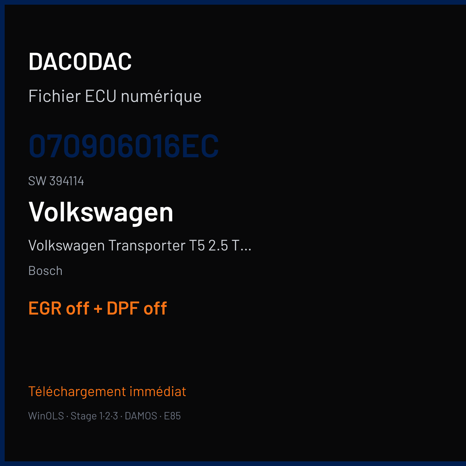 Volkswagen Transporter T5 2.5 TDI (2009) — Bosch — 070906016EC · 394114 — EGR off + DPF off
