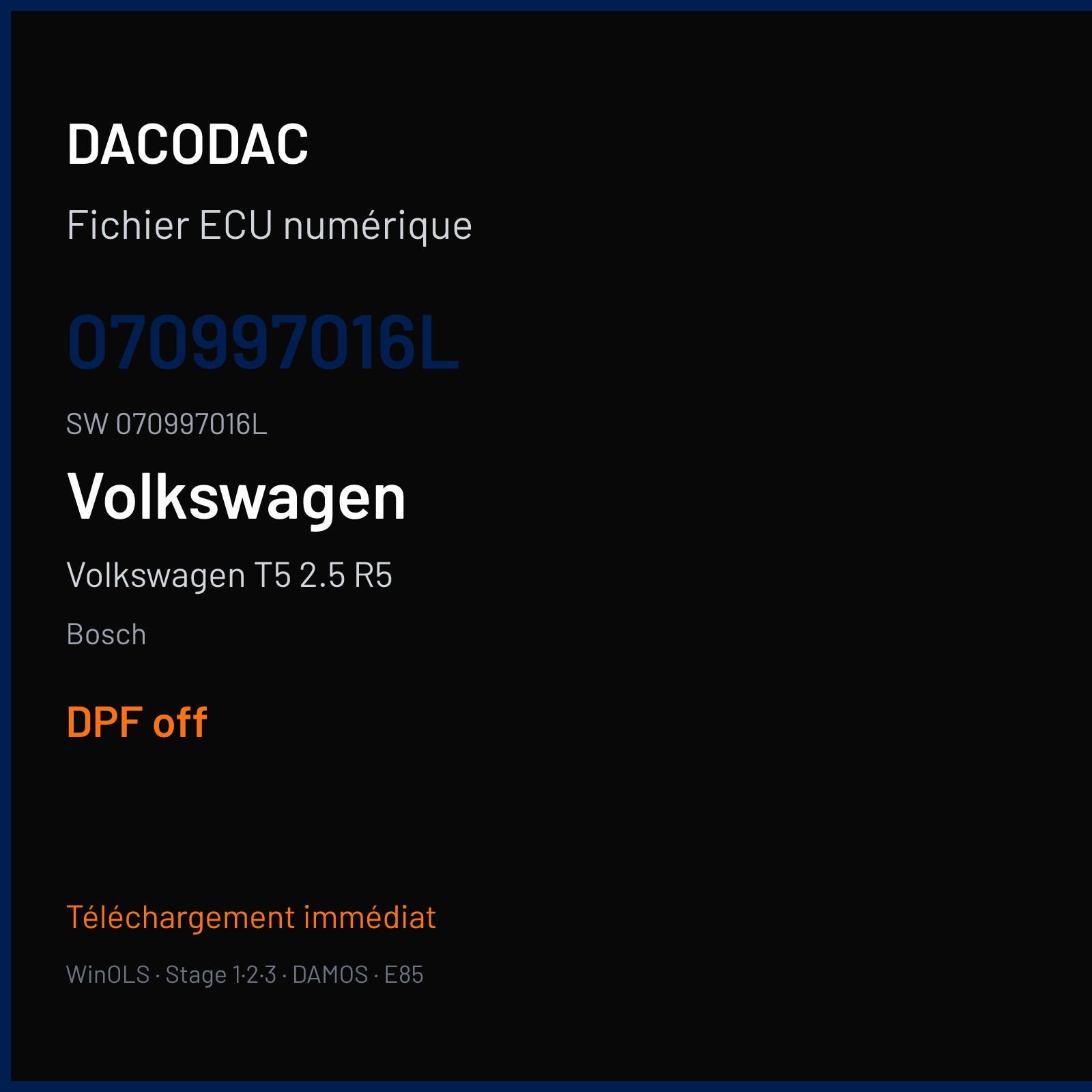 Volkswagen T5 2.5 R5 174 ch (2007) — Bosch — 070997016L · 070997016L · 384823 — DPF off