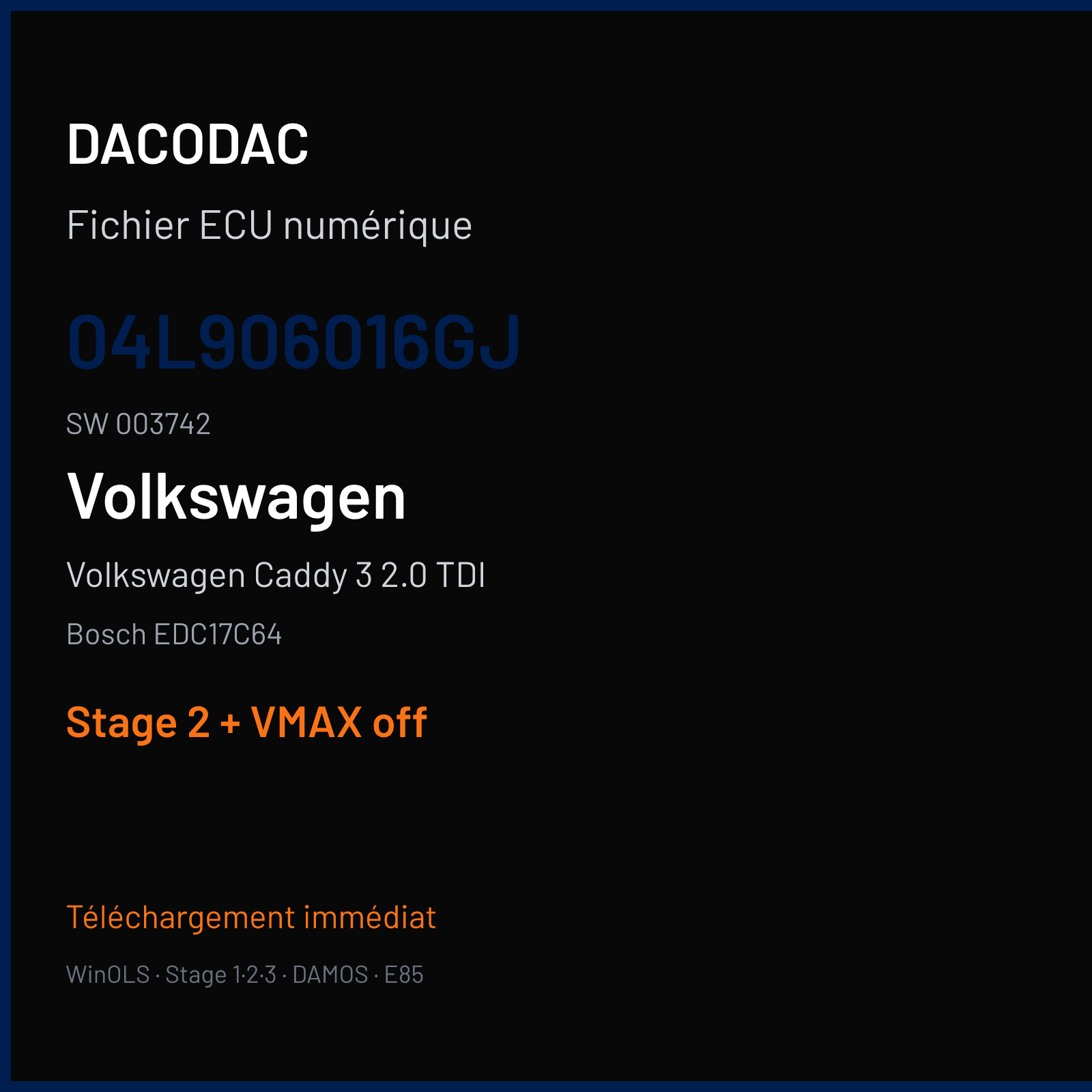 Volkswagen Caddy 3 2.0 TDI — Bosch EDC17C64 — 04L906016GJ · 003742 — Stage 2 + VMAX off
