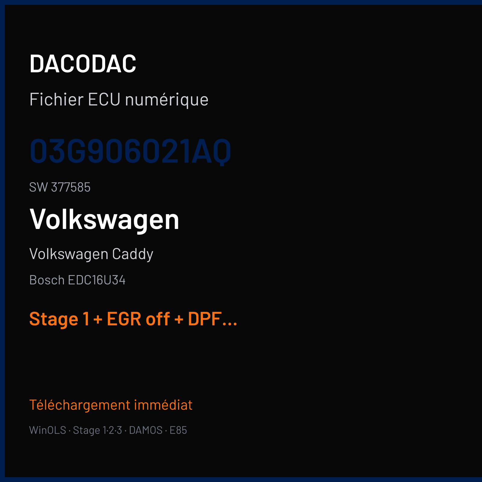 Volkswagen Caddy 1.9 TDI — Bosch EDC16U34 — 03G906021AQ · 377585 — Stage 1 + EGR off + DPF off