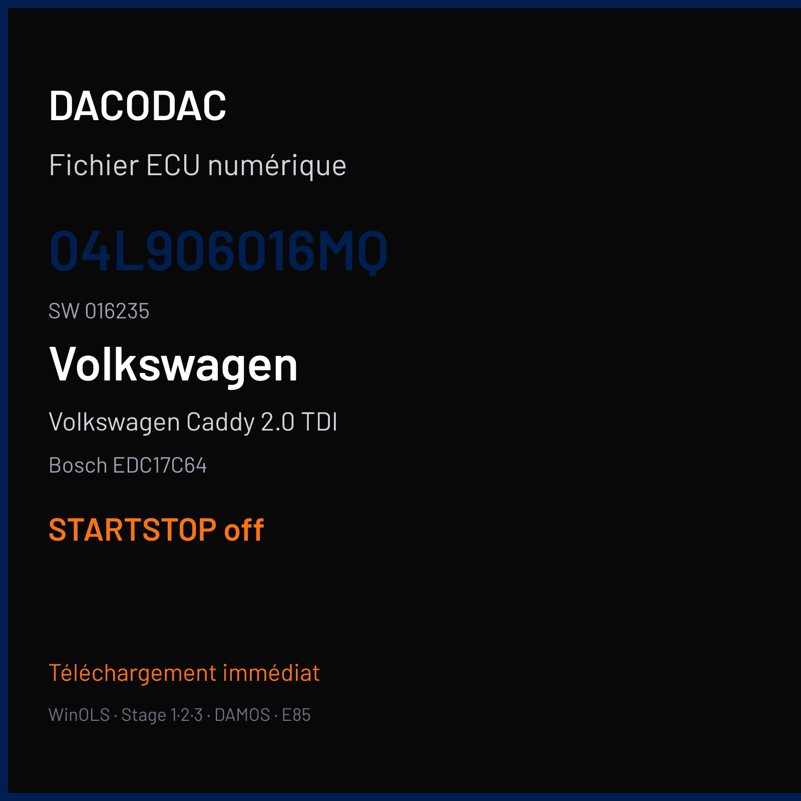Volkswagen Caddy 2.0 TDI (2018) — Bosch EDC17C64 — 04L906016MQ · 016235 — STARTSTOP off