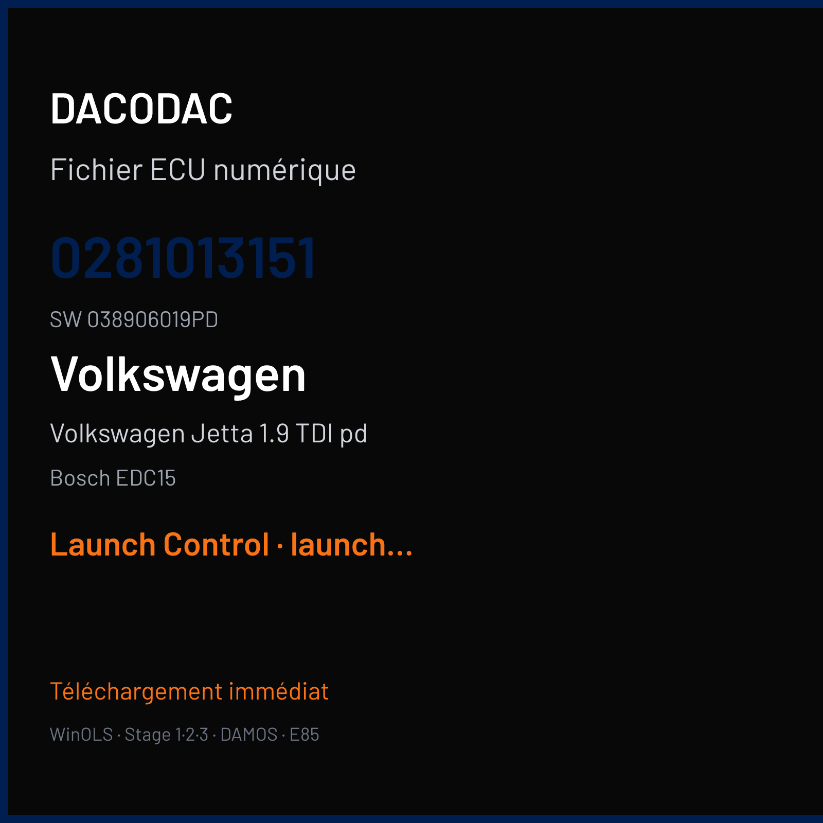 Volkswagen Jetta 1.9 TDI pd 101 ch (2005) — Bosch EDC15 — 0281013151 · 038906019PD · 377963 — Launch Control