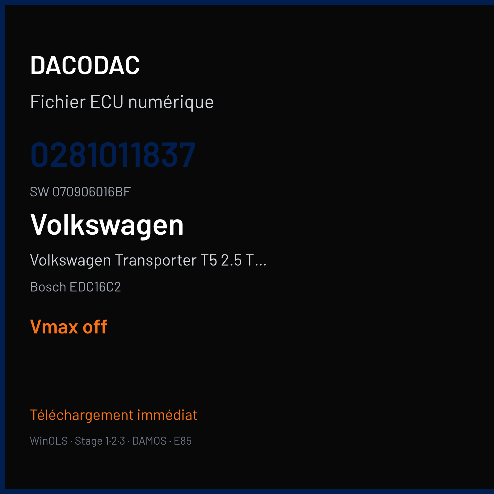 Volkswagen Transporter T5 2.5 TDI 174 ch (2004) — Bosch EDC16C2 — 0281011837 · 070906016BF · 372367 — VMAX off