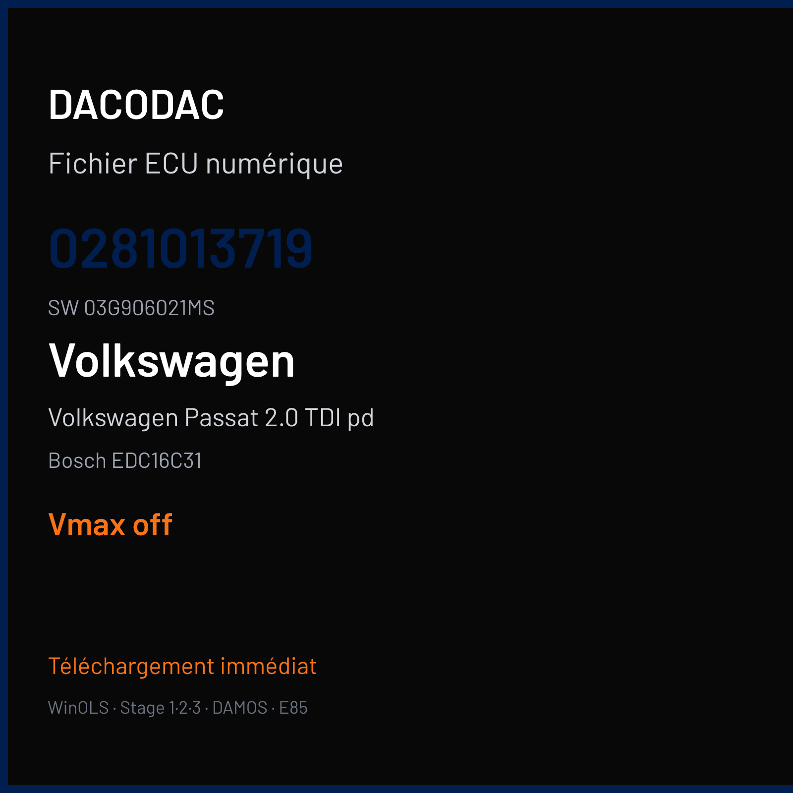Volkswagen Passat 2.0 TDI pd 140 ch (2005) — Bosch EDC16C31 — 0281013719 · 03G906021MS · 382426 — VMAX off