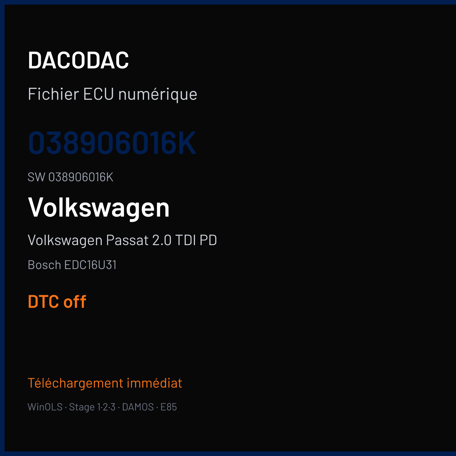 Volkswagen Passat 2.0 TDI PD 136 ch (2004) — Bosch EDC16U31 — 038906016K · 038906016K · 5752 1037369922 C350U8A3 — DTC off