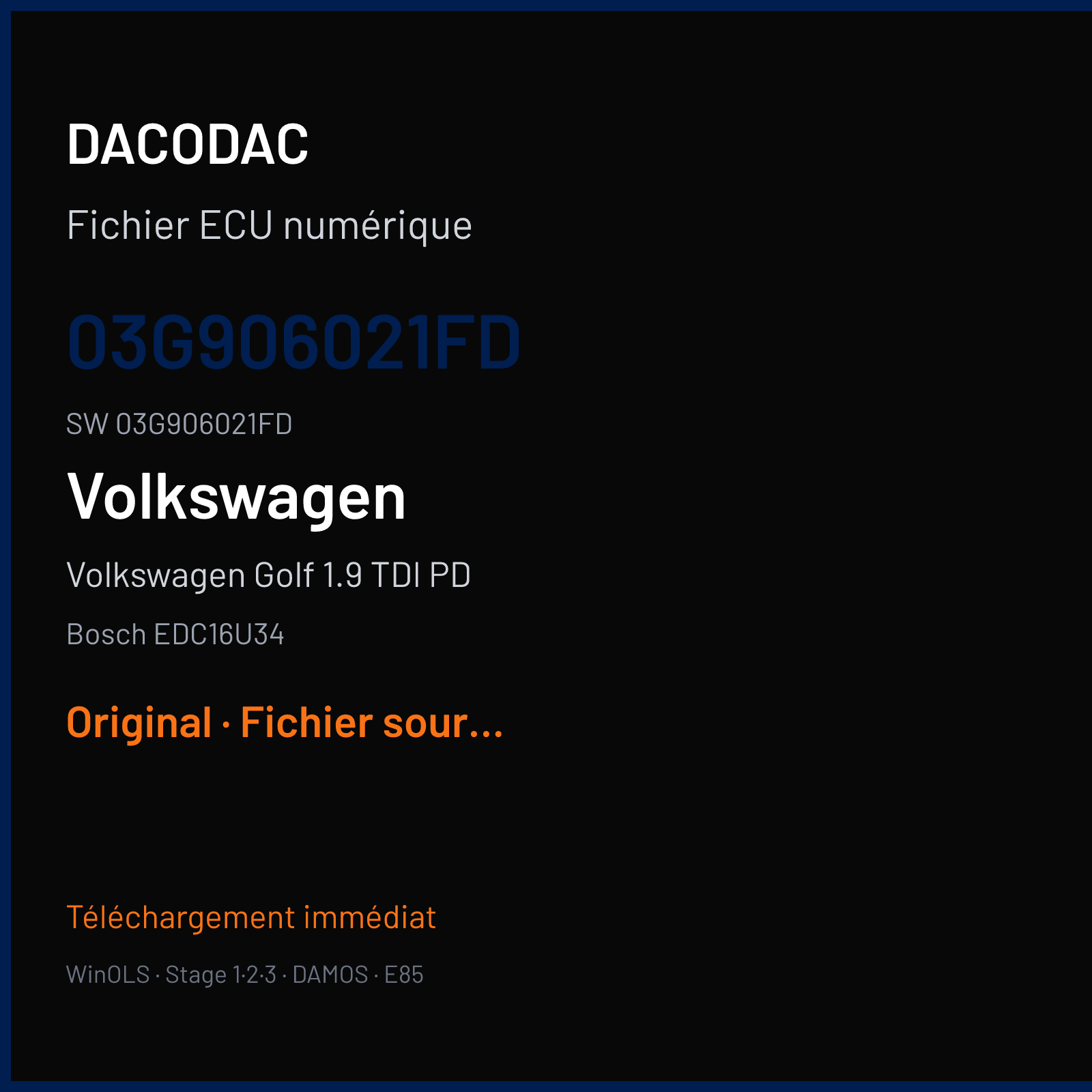 Volkswagen Golf 1.9 TDI PD 105 ch (2006) — Bosch EDC16U34 — 03G906021FD · 03G906021FD · 1037380401 P447HASP — Original