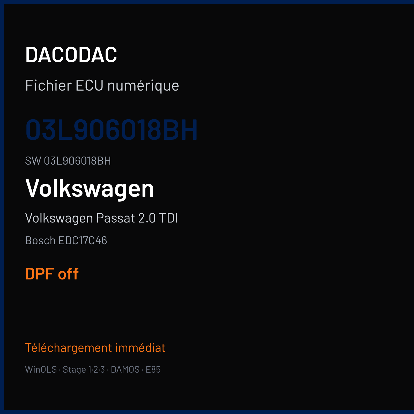 Volkswagen Passat 2.0 TDI 170 ch — Bosch EDC17C46 — 03L906018BH · 03L906018BH · 511999 — DPF off