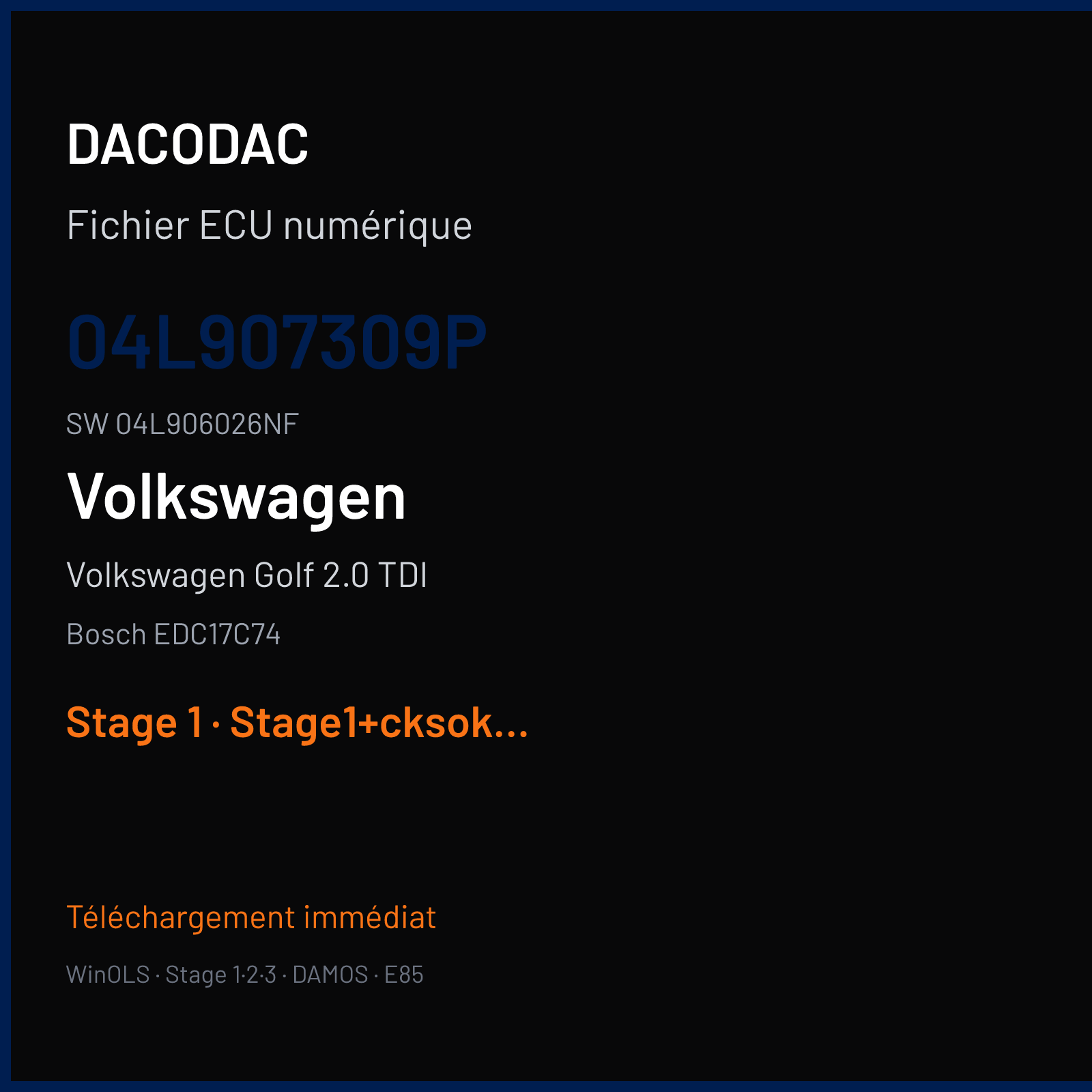 Volkswagen Golf 2.0 TDI (2019) — Bosch EDC17C74 — 04L907309P · 04L906026NF — Stage 1