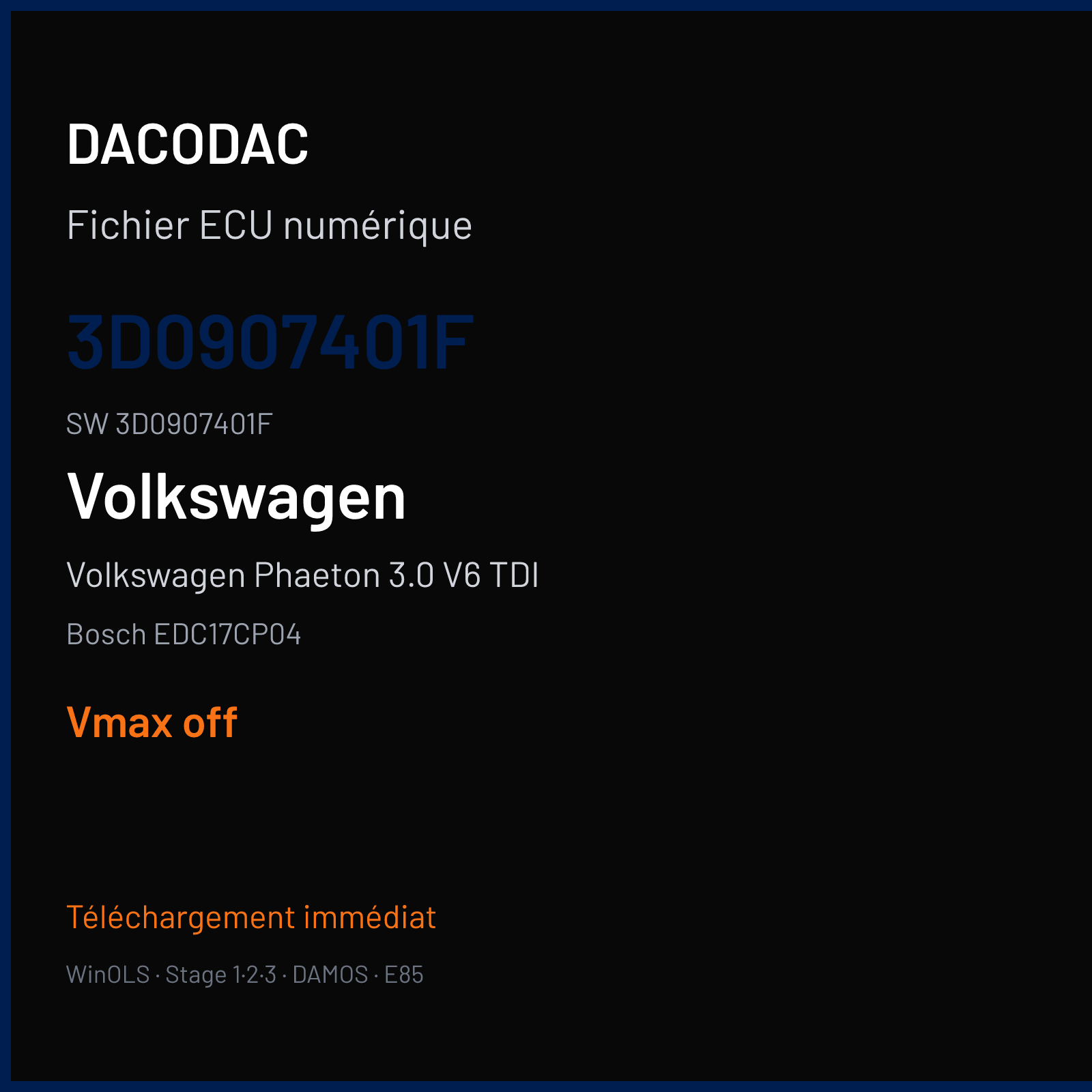 Volkswagen Phaeton 3.0 V6 TDI 223 ch (2008) — Bosch EDC17CP04 — 3D0907401F · 3D0907401F · 502366 — VMAX off