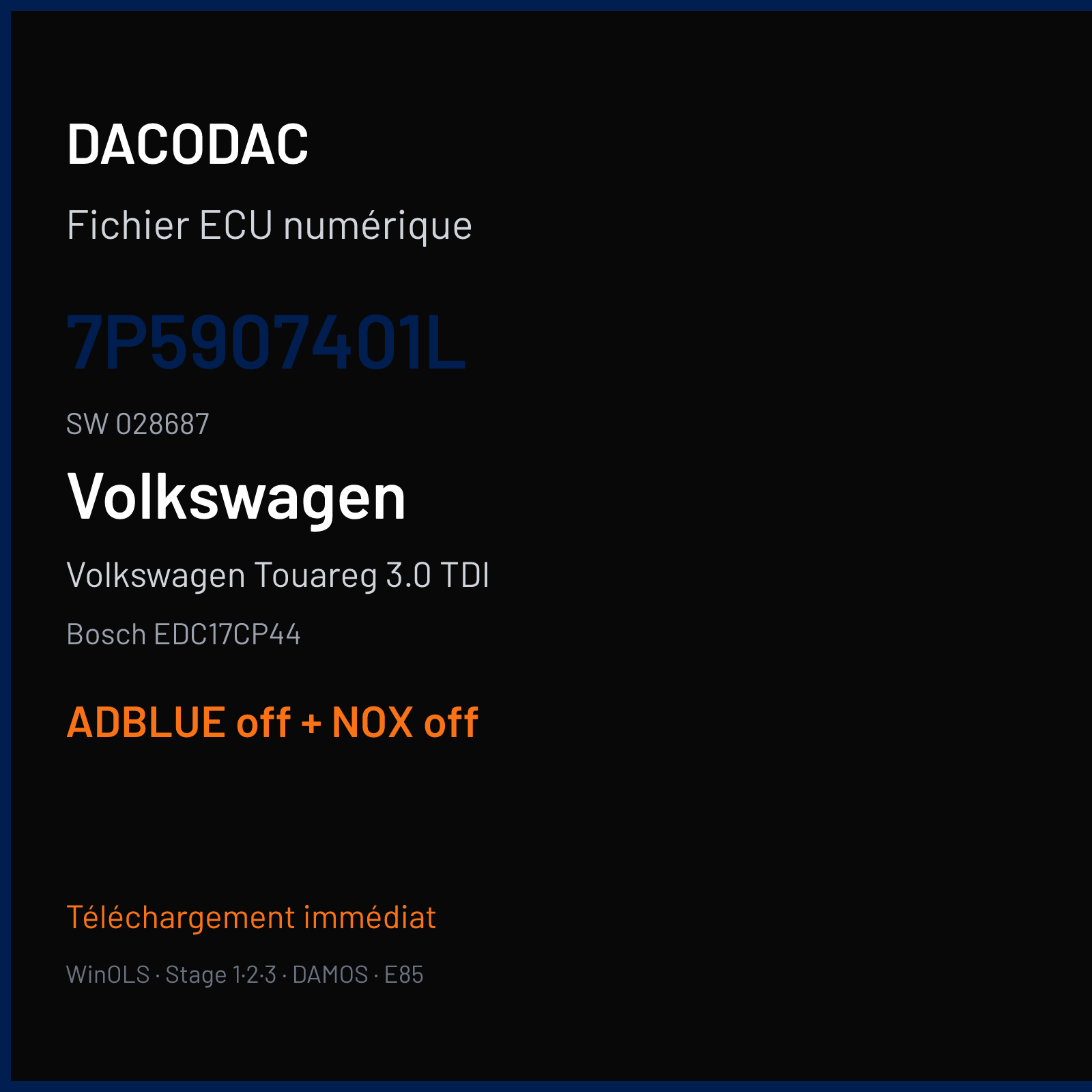 Volkswagen Touareg 3.0 TDI (2015) — Bosch EDC17CP44 — 7P5907401L · 028687 — ADBLUE off + NOX off